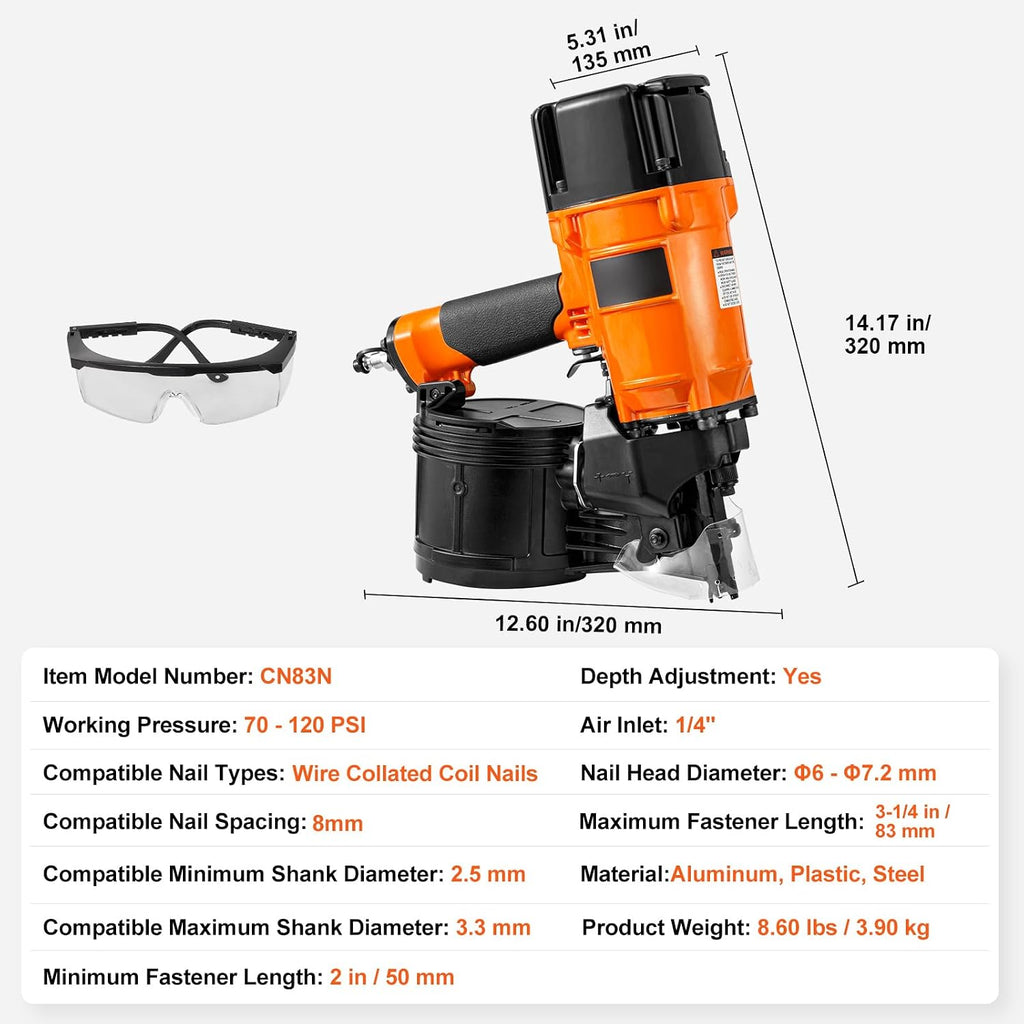 Happybuy Coil Siding/Framing Nailer CN83N, 2' to 3-1/4' 15 Degree Pneumatic Siding Nail Gun with Tool-Less Depth Adjustment, 70-120PSI Air Coil Nailer for Siding Sheathing Wooding Fencing Decking