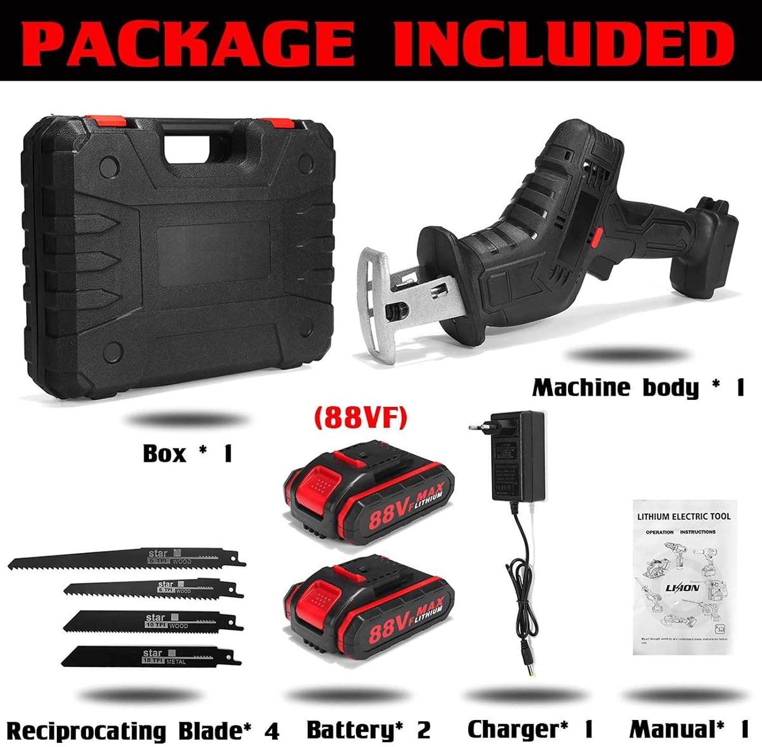 3000RPM/Min Cordless Electric Reciprocating Saw Portable Metal Wood Cutting Machine Tool Variable Speed 2Pcs Battery,DIY Tools(2 Battery)