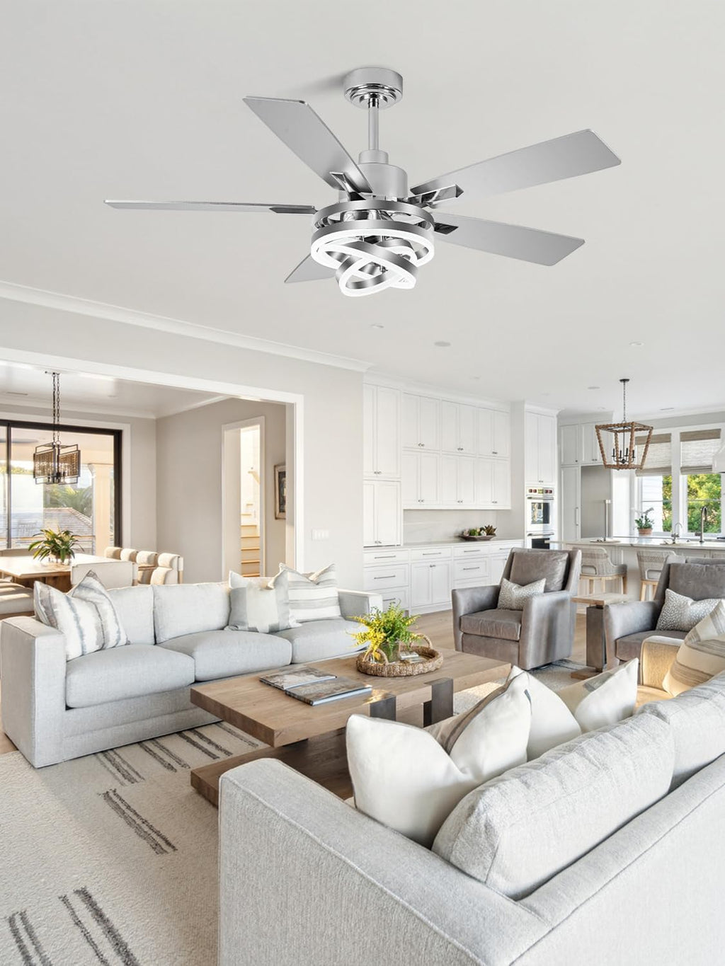 Bella Depot 52' Modern Ceiling Fan with Light, Metal Chandelier Fan with Remote, Rustic Indoor Fandelier with DC Motor for Dining Living Room Bedroom(Chrome)