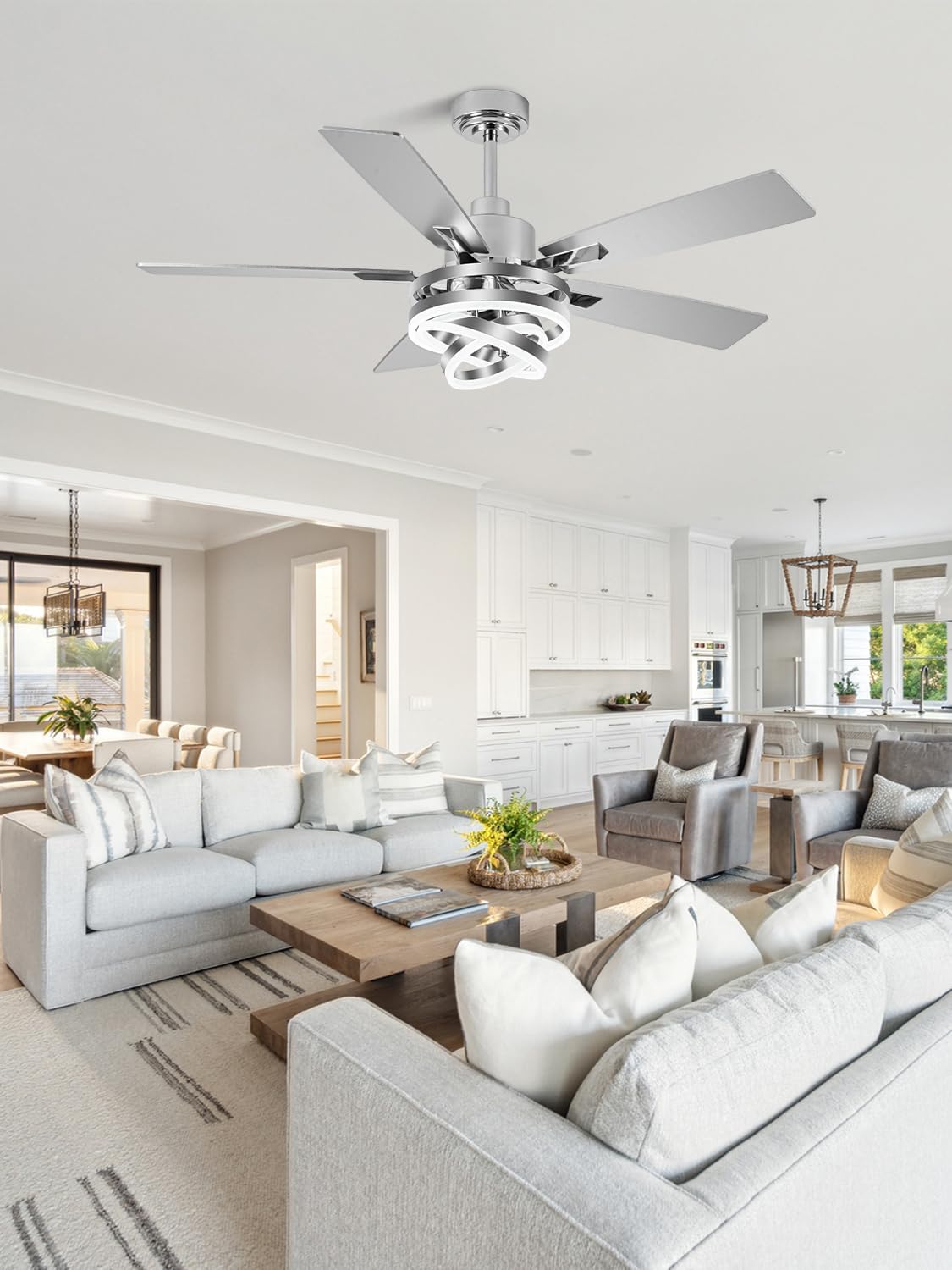 Bella Depot 52' Modern Ceiling Fan with Light, Metal Chandelier Fan with Remote, Rustic Indoor Fandelier with DC Motor for Dining Living Room Bedroom(Chrome)