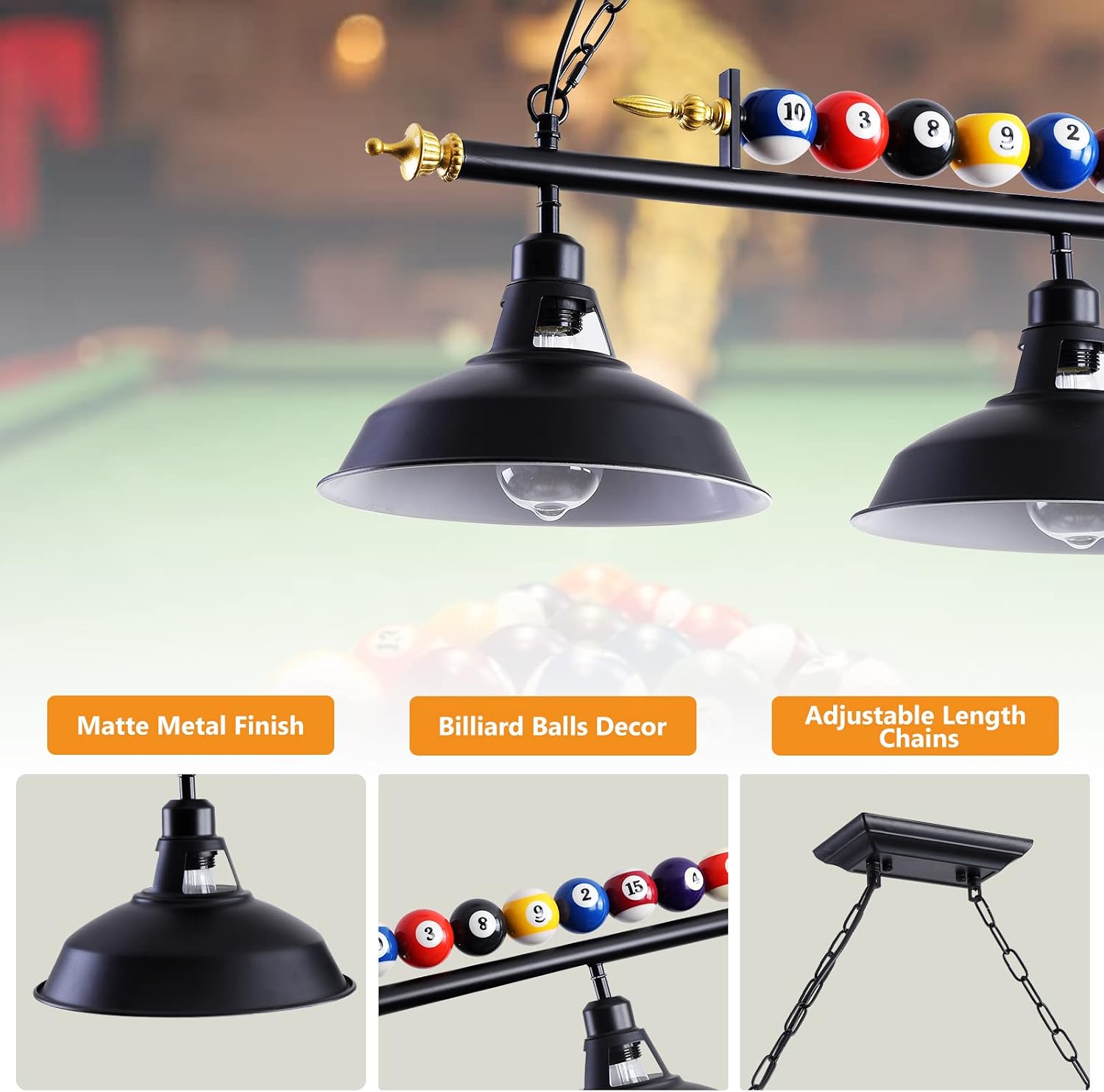 3-Light Billiard Pool Table Lights Hanging Over Pool Table, Black Matte Metal Shades with Billiard Ball Decor, for Billiards Room, Snooker Table, Kitchen Island