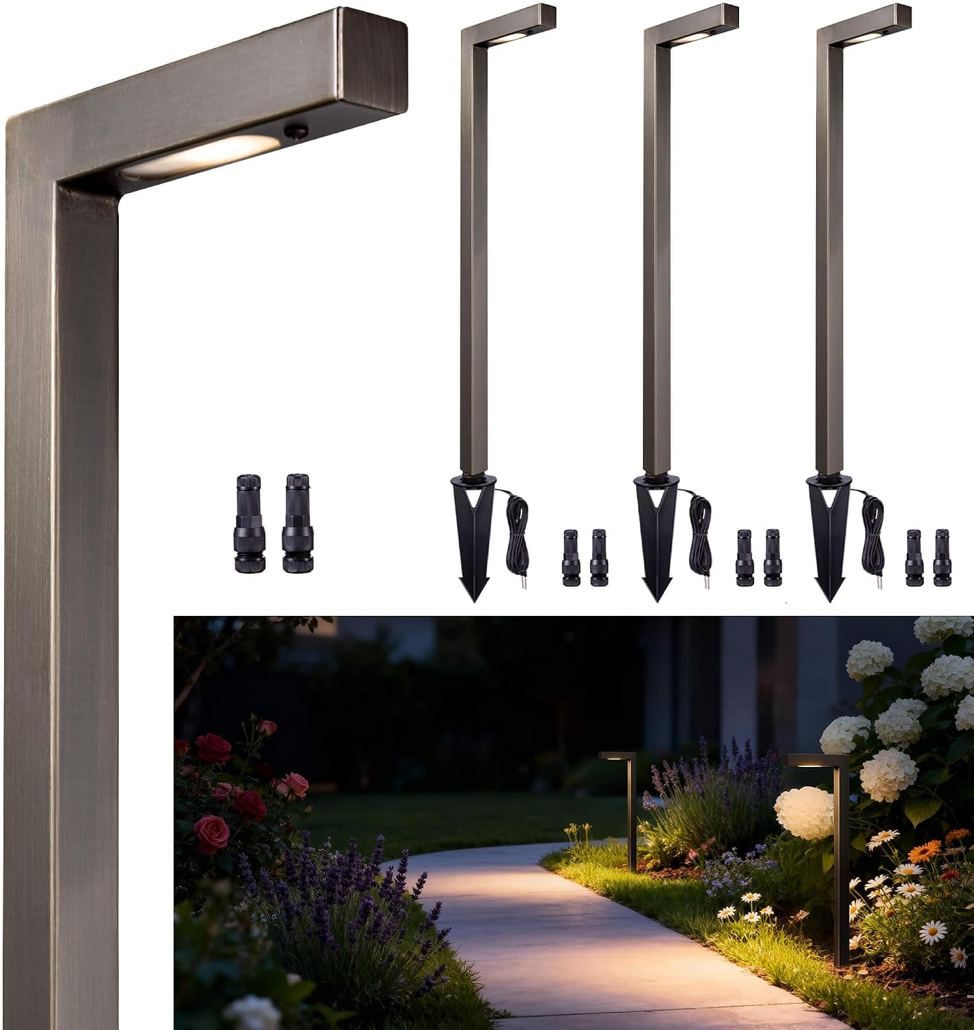 Gardenreet Low Voltage Pathway Lights Brass, LED Landscape Path Lights, Yard Lights Outdoor Waterproof IP65, 12V Wired L Shape Bronze for Garden Walkway Without G4 Bulb 4 Pack