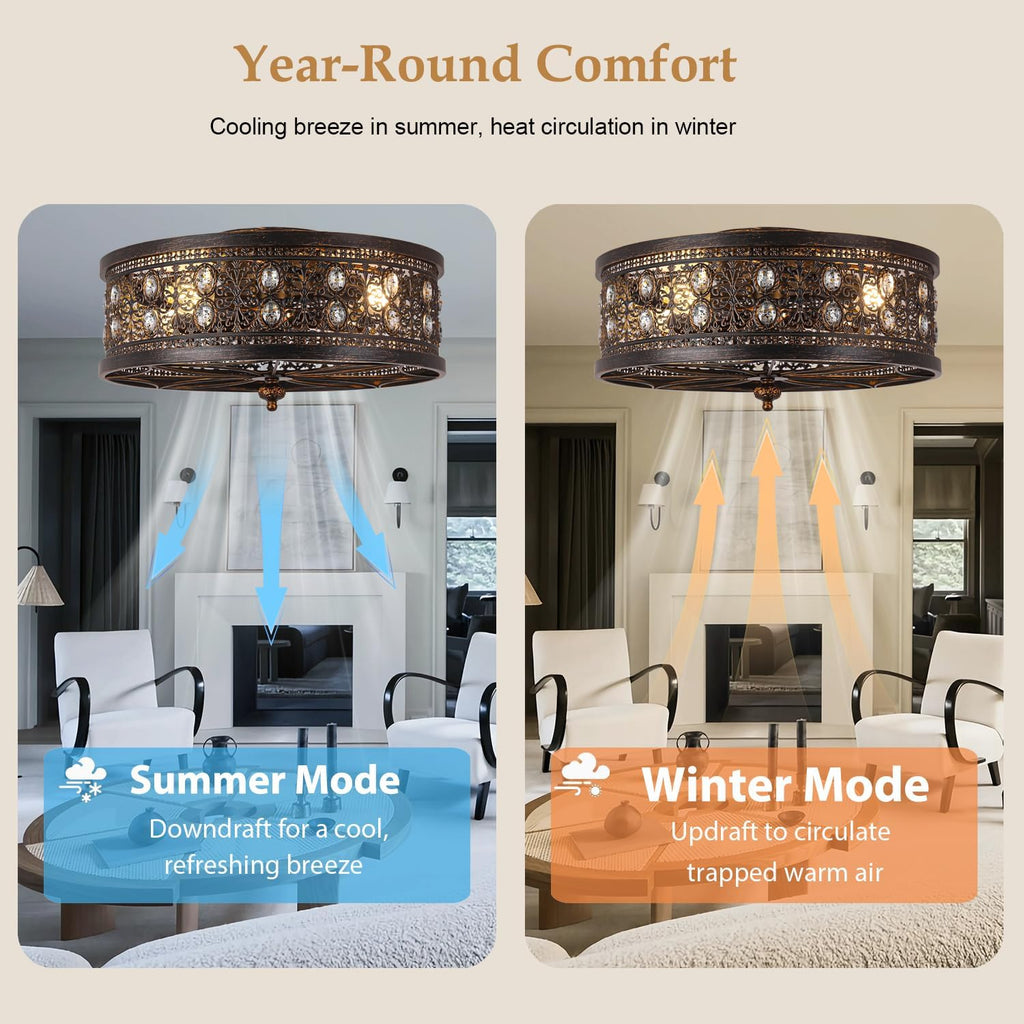 20' Vintage Fandelier Ceiling Fan with Light, Low Profile Caged Ceiling Fan in Distressed Black and Bronze, Farmhouse Chandelier Fan with Oval Crystals for Bedroom, Kitchen, Living Room,Small Room