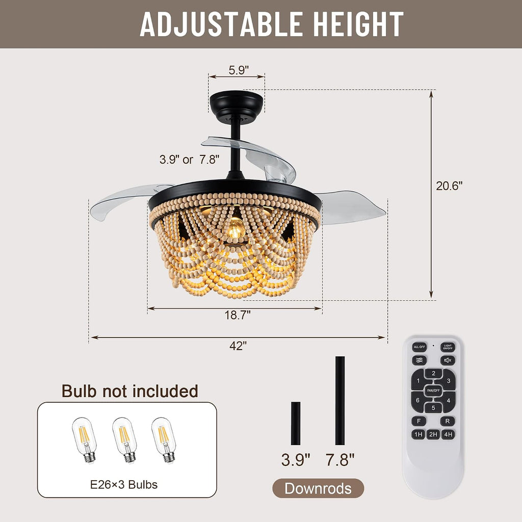 42'' RetractableCeiling Fans with Lights and Remote, Farmhouse Ceiling Fans with Wooden Beads, 6 Speeds Reversible Bladeless Ceiling Fan for Bedroom Living Room Kitchen
