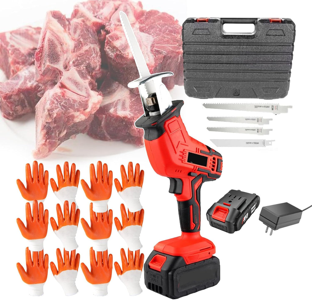 2000rpm Reciprocating Saw Electric Cordless Chainsaw | Commercial Meat And Bone Saw With 4 Saw Blades | Professional Cutting Tools (With Battery & 12/Gloves),3AH