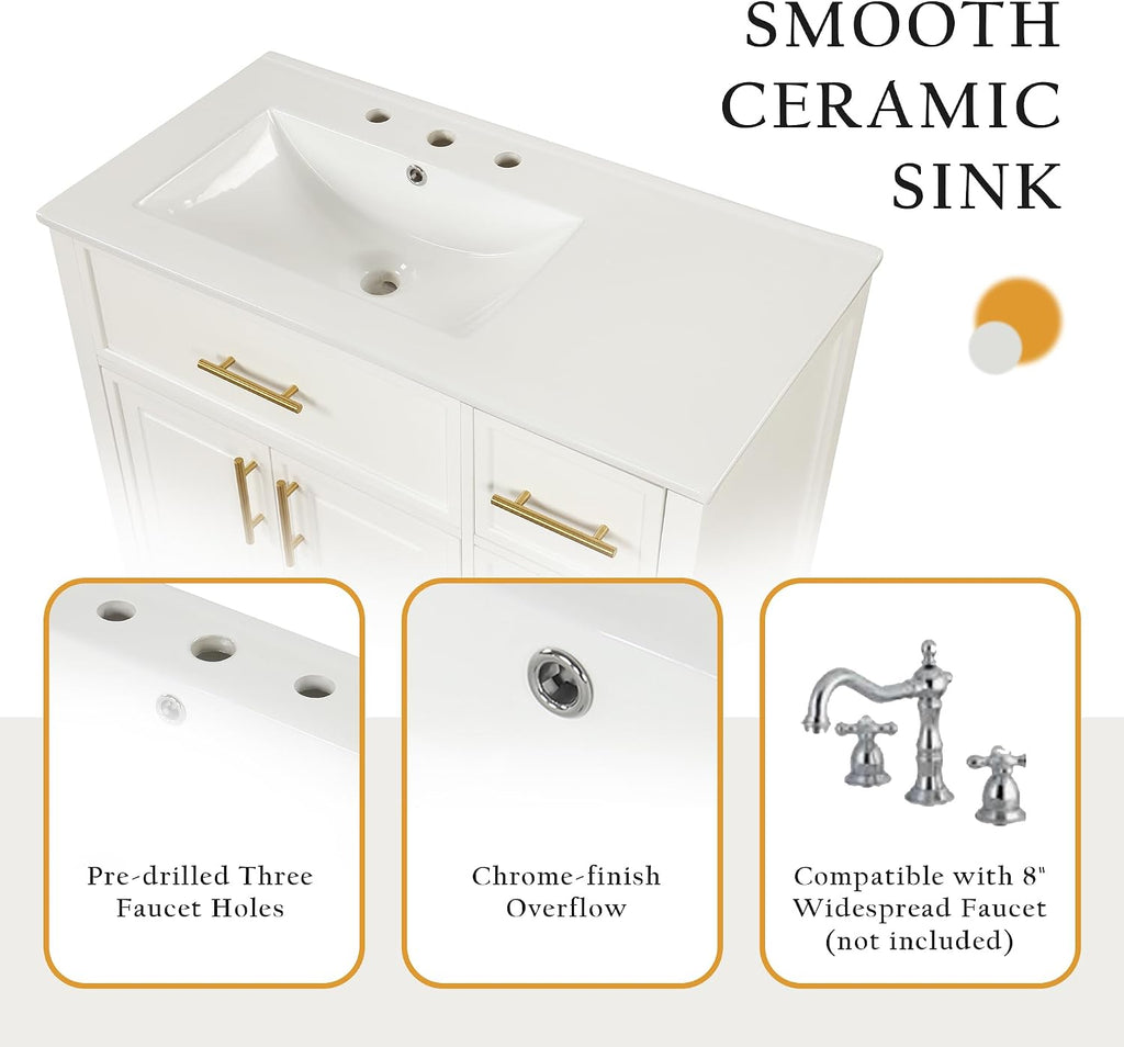 Harper & Bright Designs 36' Bathroom Vanity with Sink, Bathroom Cabinet with Two Doors and Three Drawers, White Undermount Left Side SinkVanity Countertop, Solid Wood Frame