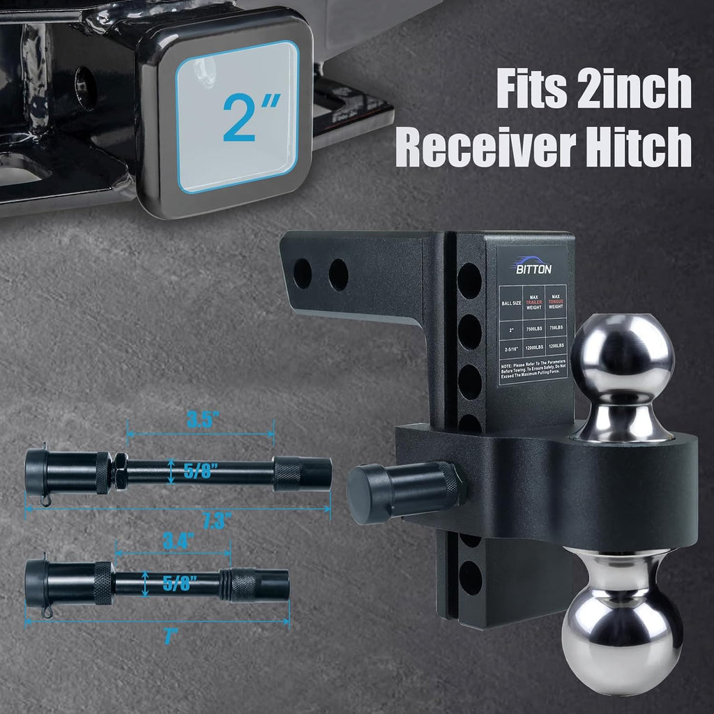 Adjustable Trailer Hitch Ball Mount Hitch, 6' Drop Lift Ball Hitch for 2 and 2.5 Inch Receiver, 12000 LBS Heavy Duty Aluminum Alloy Dual Towing Ball (2' x 2-5/16') with Anti-Theft Locking Pin Hitch
