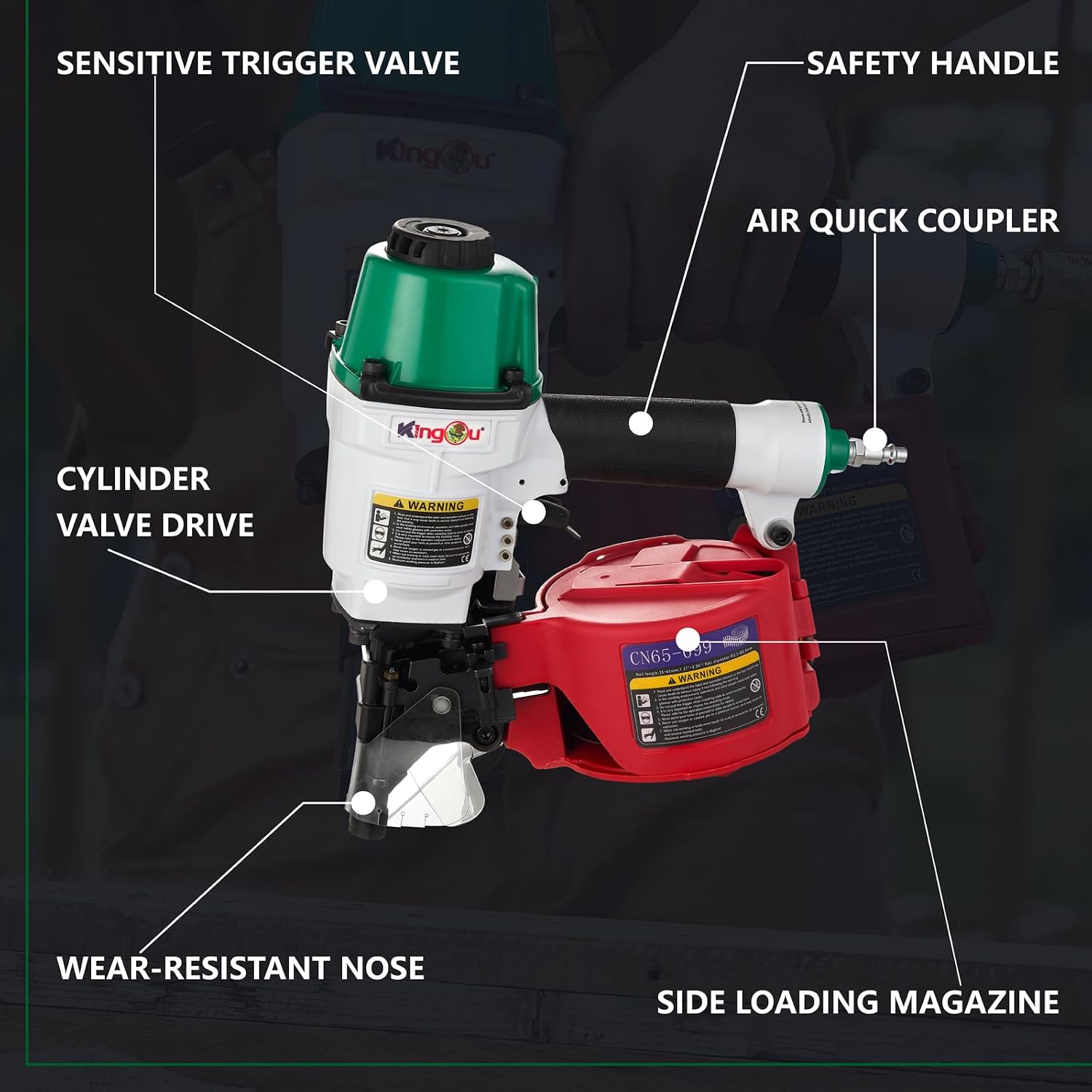 Kingou CN65099 Coil Siding Nailer Decking Nailer Accepts 1-3/4-Inch to 2-3/4-Inch Nails with 1/4 NPT Air Connector 225-300pcs Load Capacity Coil Nailer Coil Nail Gun for Wooden Box Packing