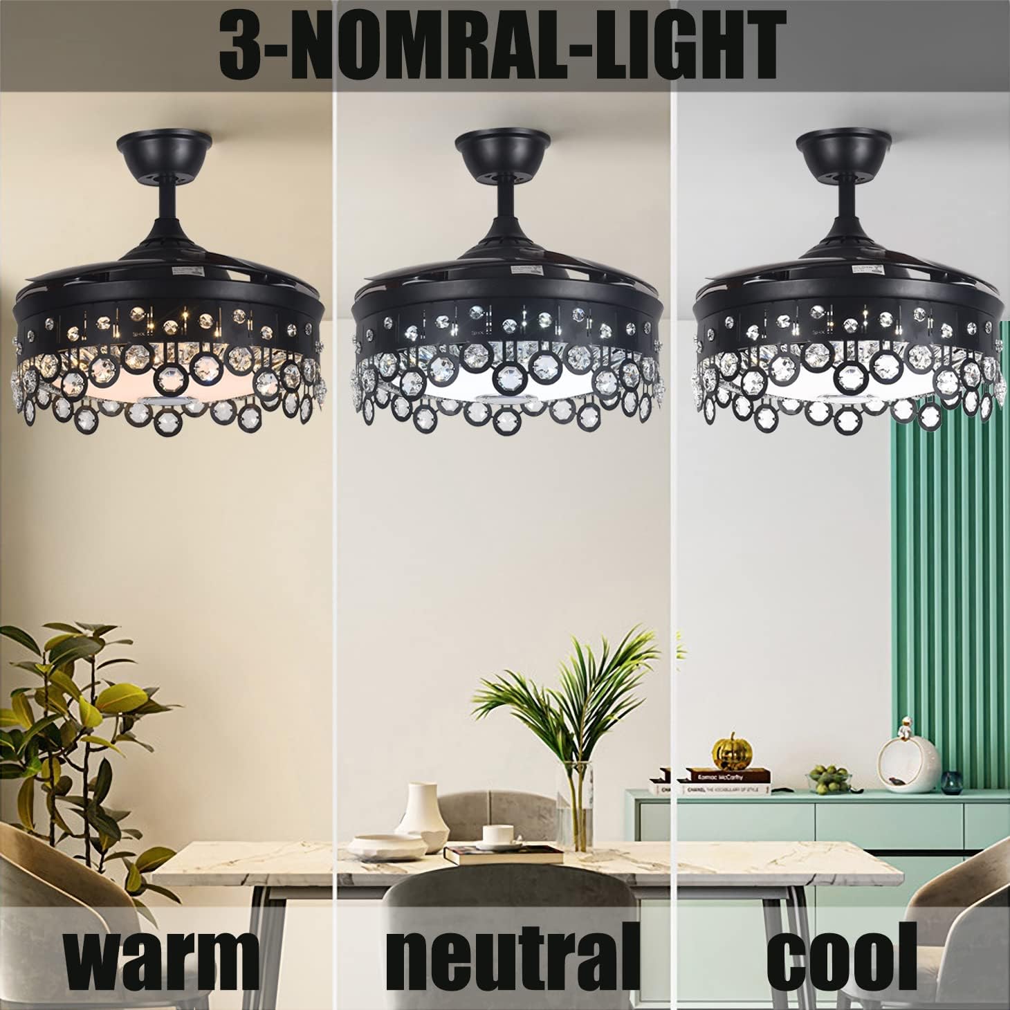 Fandian Retractable Ceiling Fan with Light, Modern 42' Bluetooth Speaker Dimmable Tunable 7 Color Lighting Black Chandelier Ceiling Fan Fandelier with Remote Control for Living Bedroom