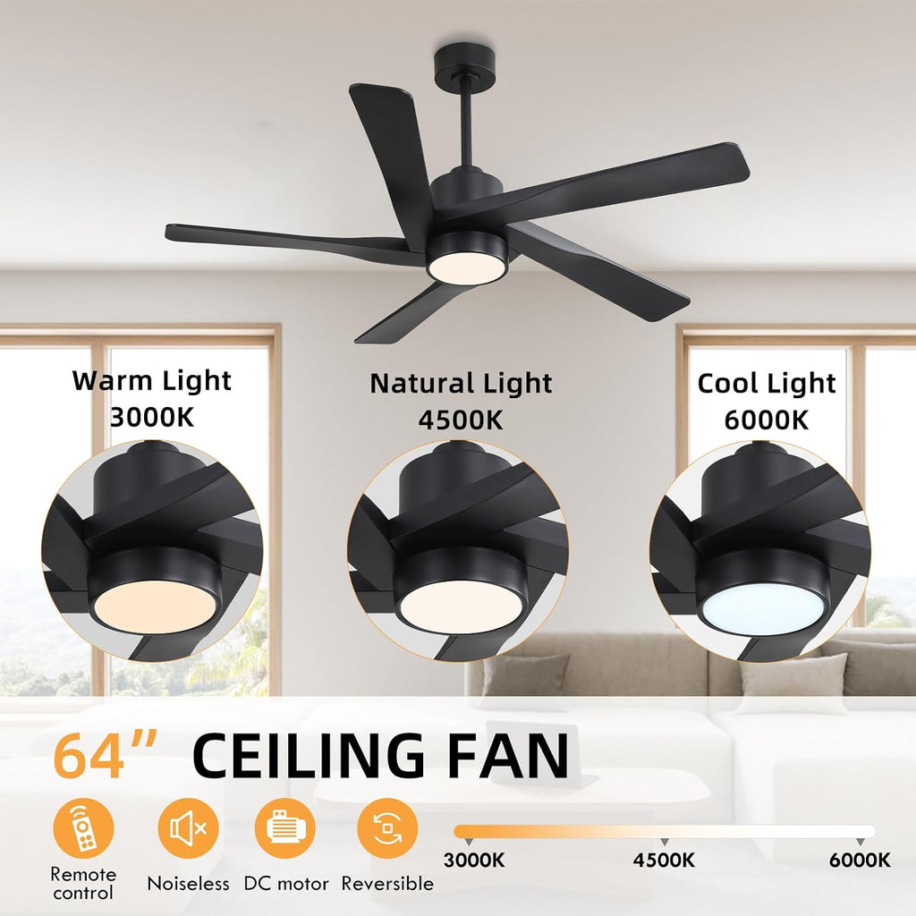 WINGBO 64' ABS DC Ceiling Fan with Lights, 5 Blade ABS Plastic Ceiling Fan with Remote, 6-Speed Reversible DC Motor, LED Ceiling Fans for Kitchen Bedroom Living Room, Matte Black