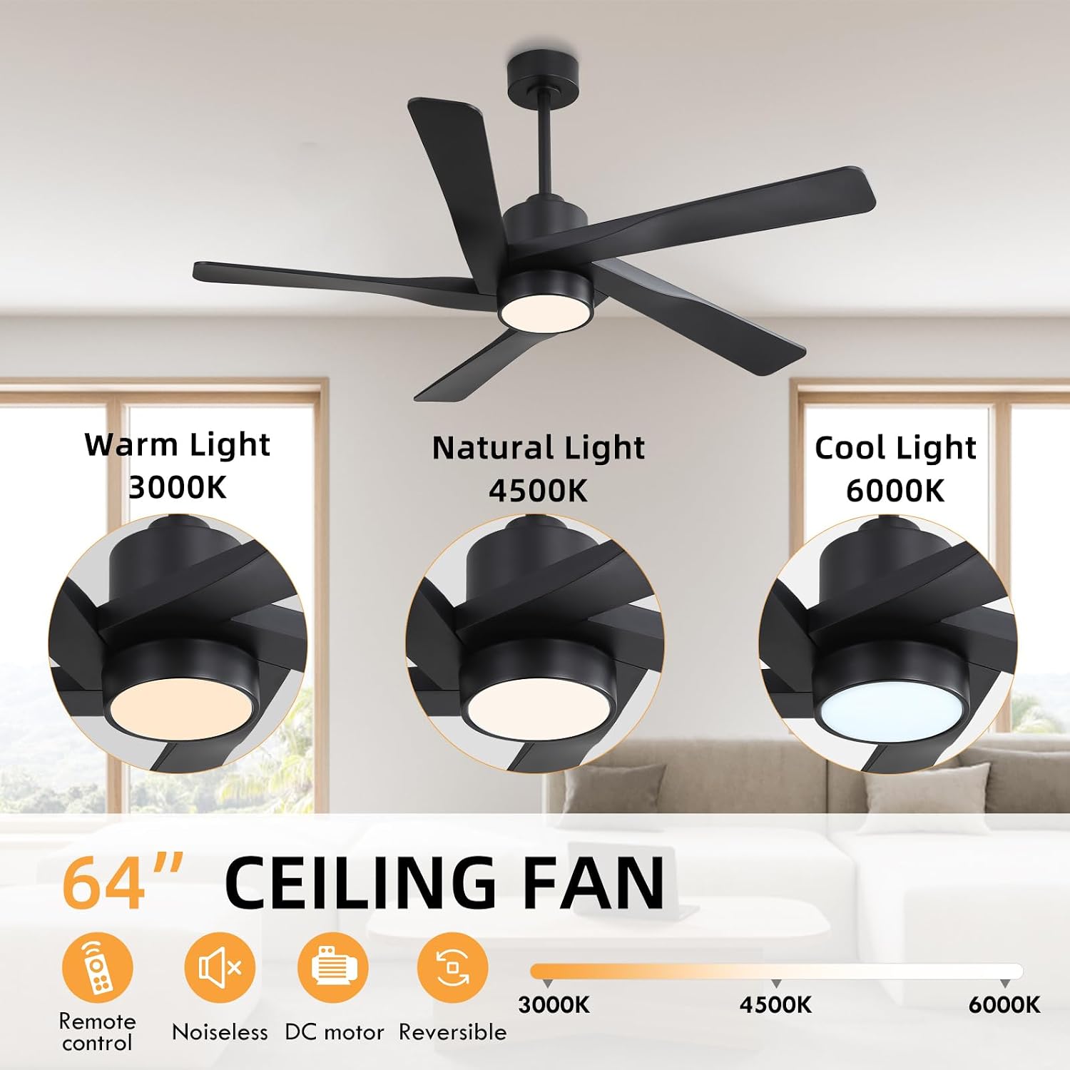 WINGBO 64' ABS DC Ceiling Fan with Lights, 5 Blade ABS Plastic Ceiling Fan with Remote, 6-Speed Reversible DC Motor, LED Ceiling Fans for Kitchen Bedroom Living Room, Matte Black