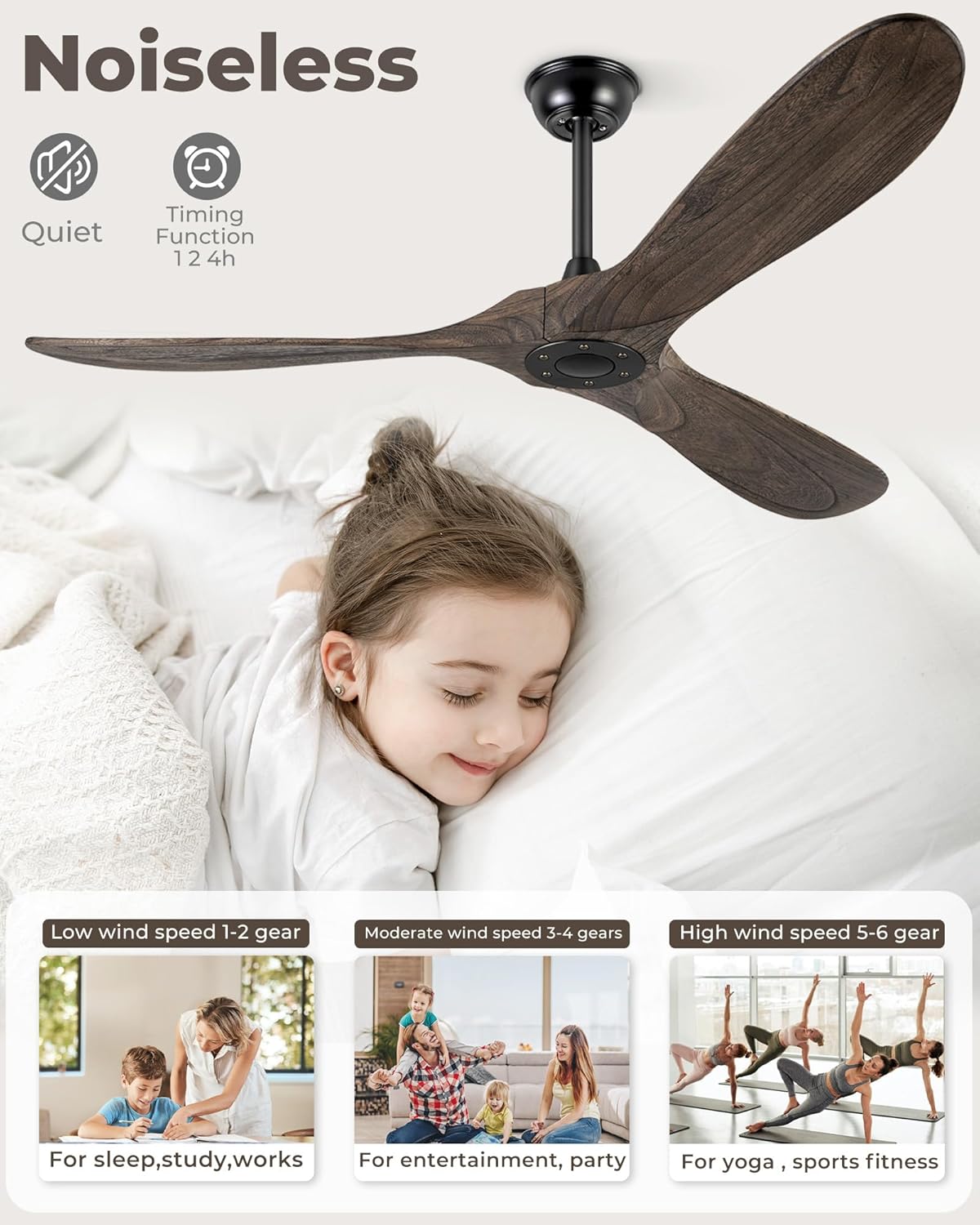 60' Ceiling Fans Without Light, Solid Wood Ceiling Fan No Light with Remote Control and DC Motor, Outdoor Ceiling Fan with 3 Blades, Outdoor fan for Patios - Deep Brown