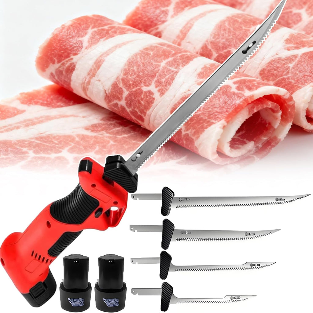 Rechargeable Electric Fillet Knife Set-Professional Cordless Reciprocating Meat/Fish Filet Knife With 4 Sizes Blades,2 * 2000mAh Batteries,Fast Charging And Secure Safety Lock Mechanism