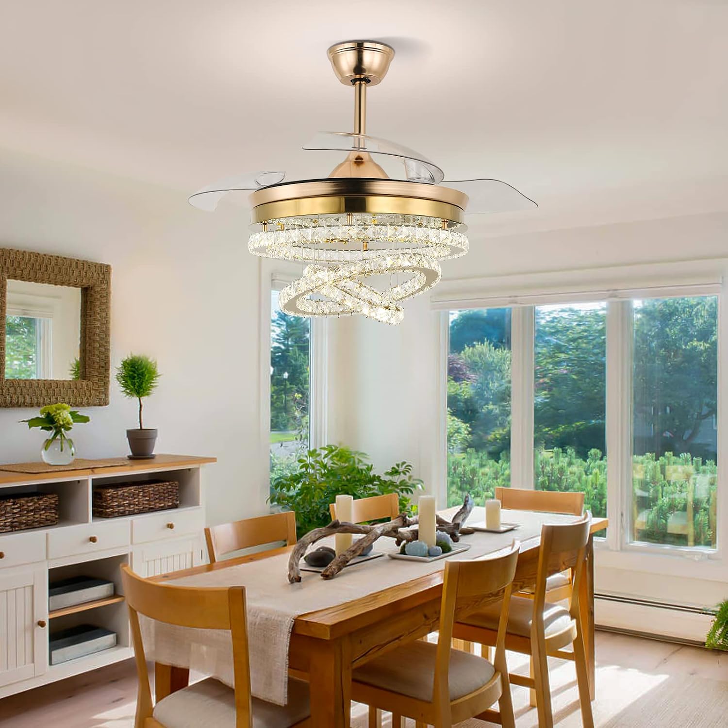 42' Dimmable Gold LED Fandeliers Crystal Chandelier Ceiling Fan with Lights Modern Invisible Fandelier Crystal Chandelier Fan 3 LED Color Change with Memory Function