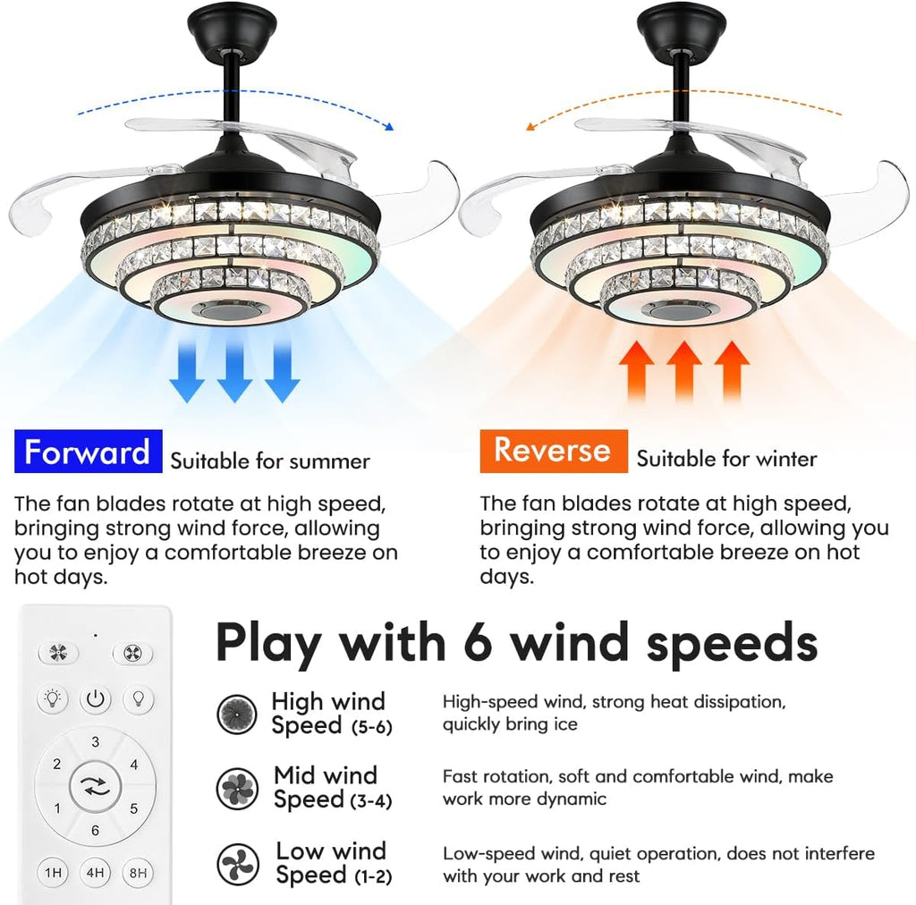 42inch Bluetooth Crystal Ceiling Fan Lights with Music Player and Remote Control Chandelier, Retractable Blades Fandelier with 3 Speed 7 Color Dimmable LED Kit Included