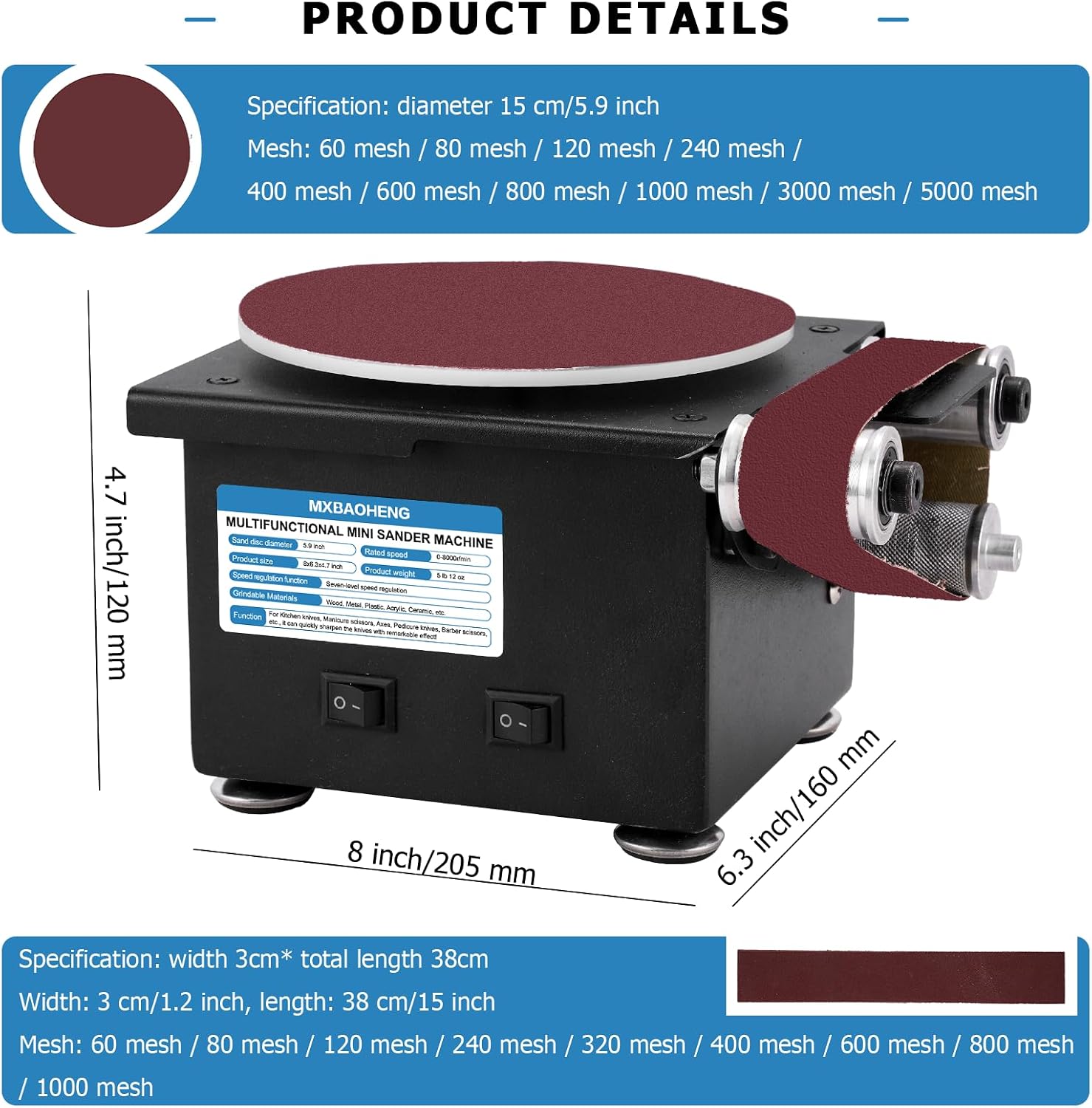 MXBAOHENG Mini Disc Sander 6-Inch, Multifunctional Belt Sander 1.2-Inch by 15-Inch, for Wood Crafts Metal Stone Grinding, Small Spindle Sander Machine for Curve Grinding (Model B)