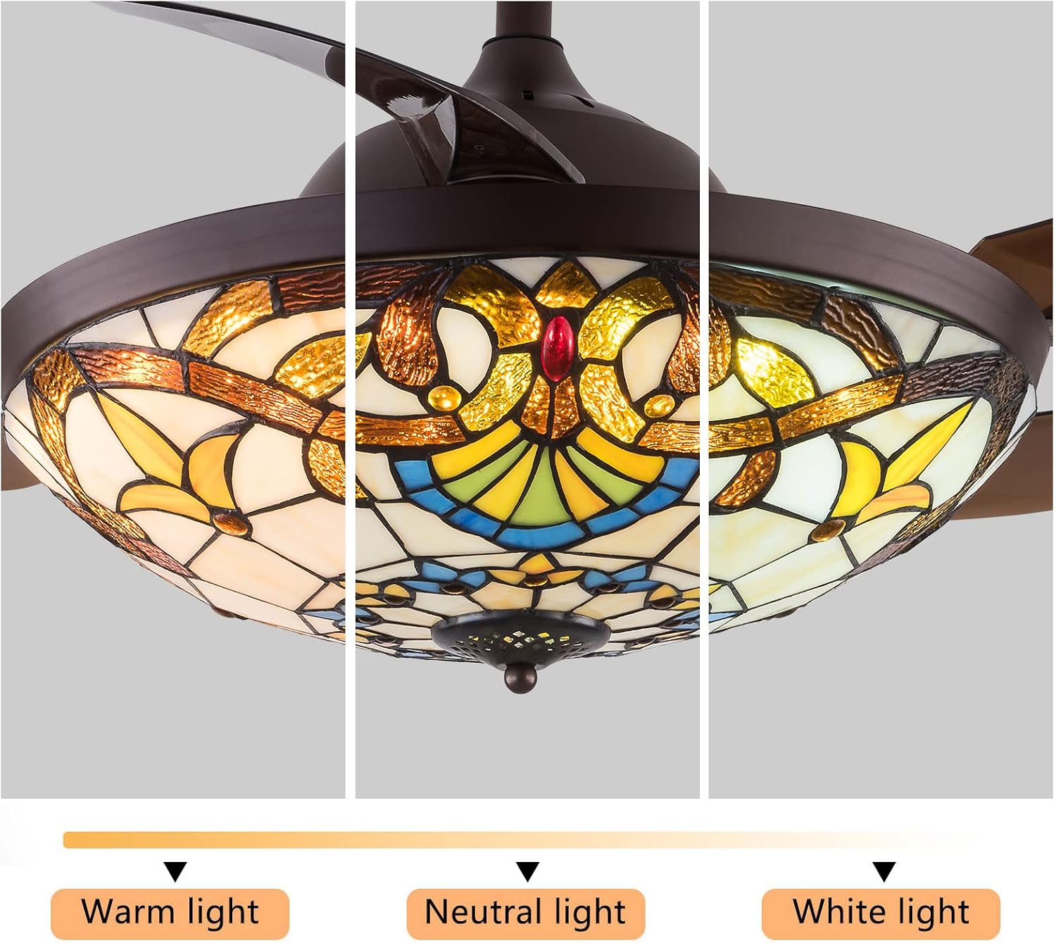 42 Inch Ceiling Fan with Light Classic LED Chandelier Remote Control Retractable Blades 3 Speeds 3 Light Changes Pendant Light, Silent Motor Craft-made Colorful Lamps for Bedroom Living Room