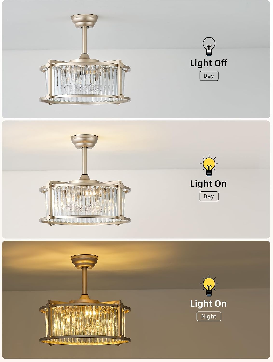 20' Gold Crystal Fandelier Ceiling Fans with Lights, Gold Crystal Industrial Chandelier Ceiling Fan with Light and Remote, Caged with 6 Speeds for Bedroom, Nursery, Living Room