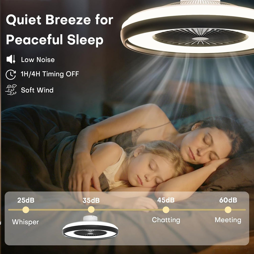 Bladeless Ceiling Fan with Light, 24'' Flush Mount Low Profile Ceiling Fans with Remote & APP Control, 2700-6500K CCT Adjustable, 6 Speeds Dimmable Fan Light for Kids Room, Bedroom, Small Dining Areas