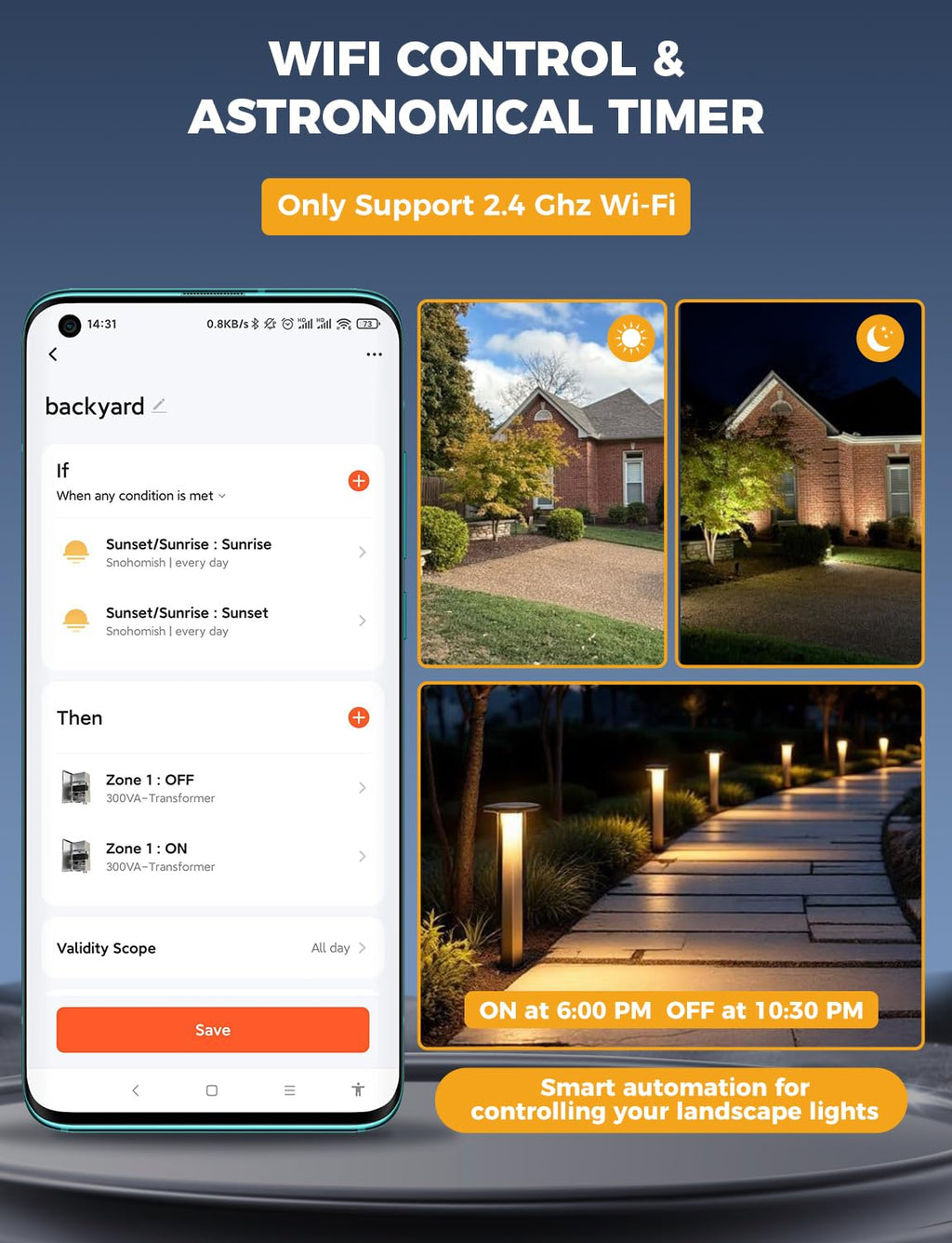 COLOER 300W 2.4GHz Wi-Fi Low Voltage Landscape Lighting Transformer, Smart Low Voltage Transformer with 3 Zones, 120V AC to 12V/13V/15V AC Stainless Steels Weatherproof Power Pack for Outdoor Lights