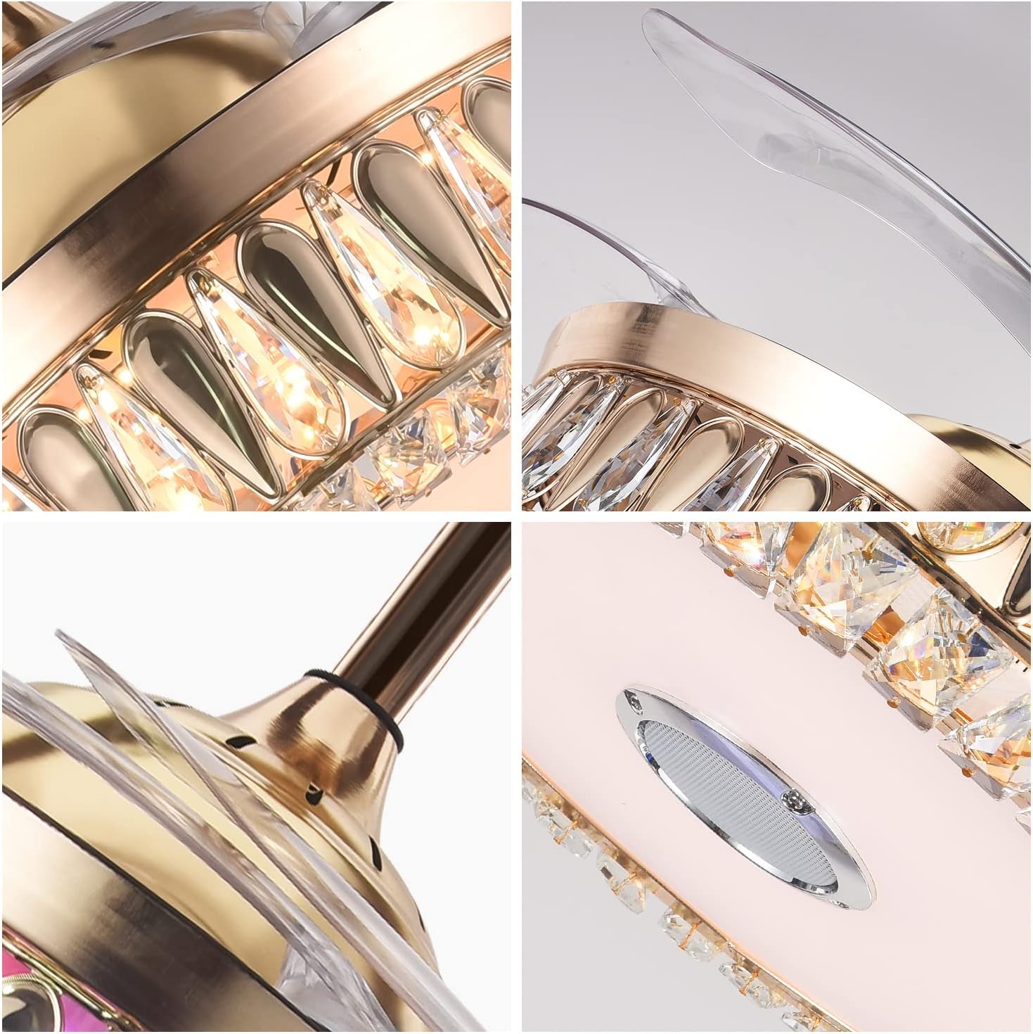 A Million 42' Gold Smart Ceiling Fan with Light and Bluetooth Speaker, Crystal Chandelier Fan with Retractable Blade 3 Speed and RGB Color Change APP and Remote Control