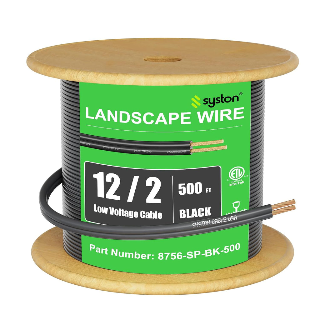 SYSTON 12/2 Low Voltage Landscape Lighting Direct Burial Stranded Wire Cable, 12 Gauge 2 Copper Conductors for Outdoor Spotlight Pathway Lighting and More Low Voltage Applications Use - 500 FT