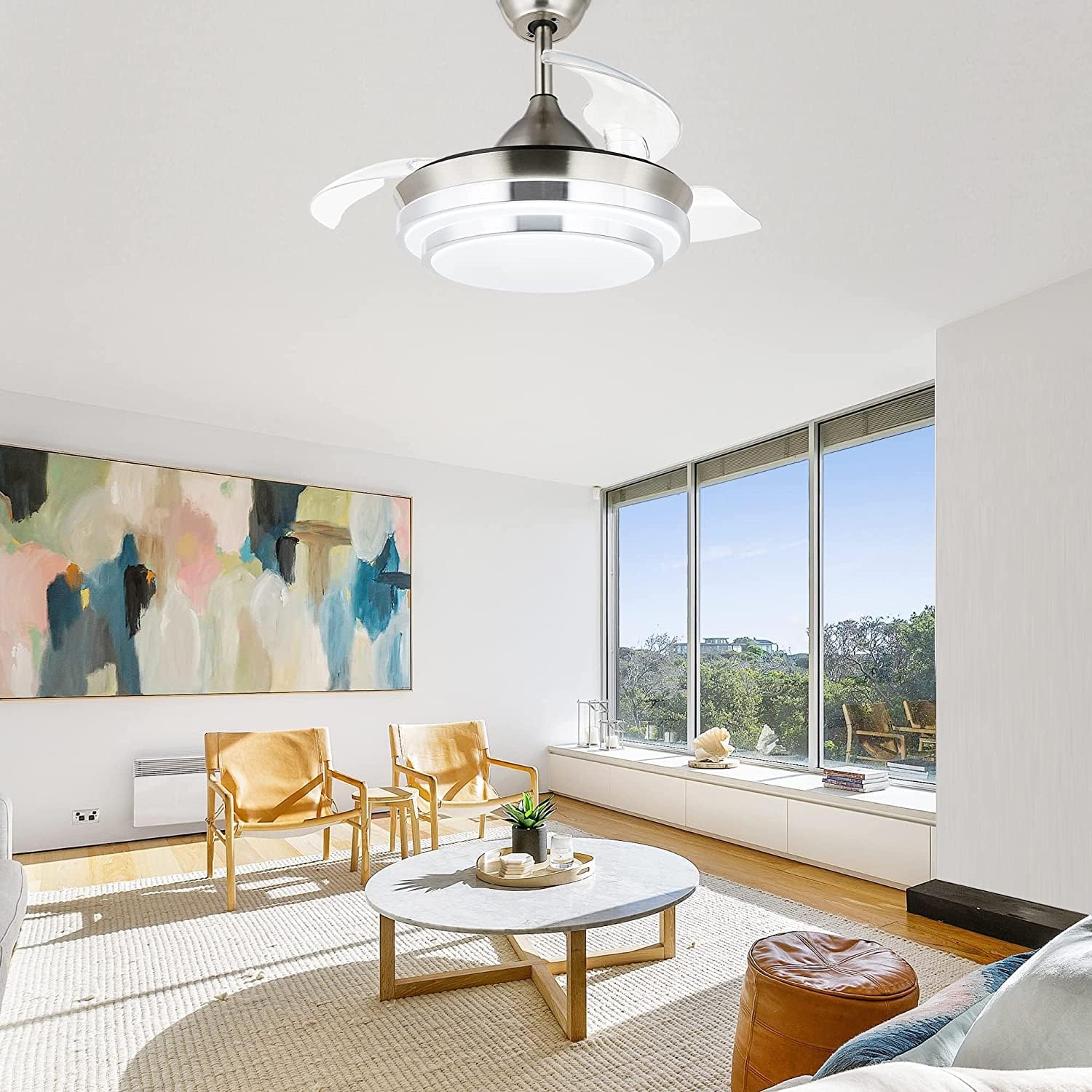 N/A 36inch Retractable Ceiling Fan with Lights，LED Modern Ceiling Fan with Remote Control, Retractable Blades, 3 Color Dimmable for Bedroom/Living Room/Dining Room Nickel 36 Inch