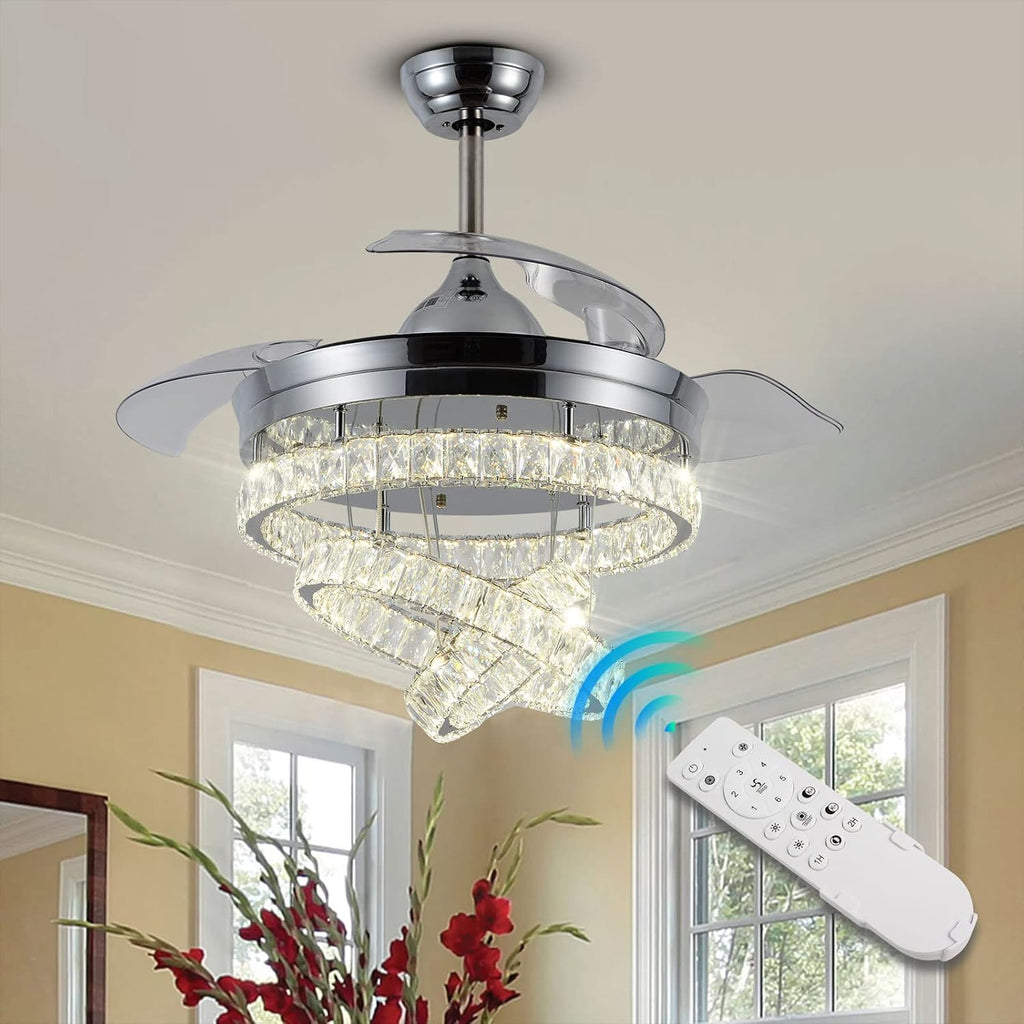 42' Dimmable Fandeliers Modern Crystal Ceiling Fan with Lights LED Invisible Fandelier Crystal Chandelier Fan 3 LED Color Change with Memory Function