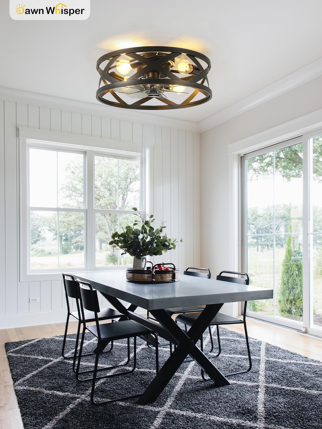 Dawn Whisper 20'' Farmhouse Ceiling Fans with Lights Flush Mount Ceiling Fans with Lights Industrial Black Caged Ceiling Fan with Light for Bedroom Living Room