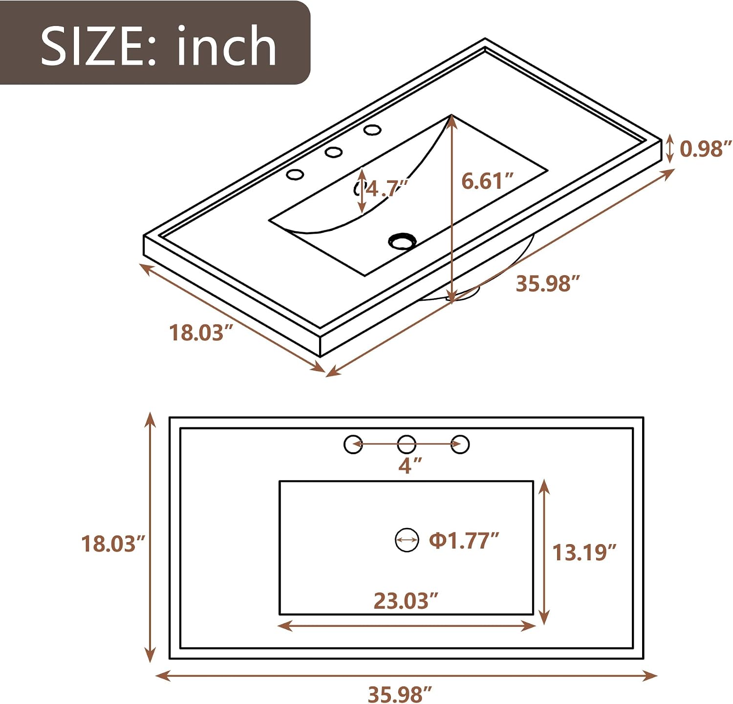 36'x18' Bathroom Vanity Sink Top Only, Center-Located Undermount Countertop, Fit for 4' Centerset Faucet (Not Included), White