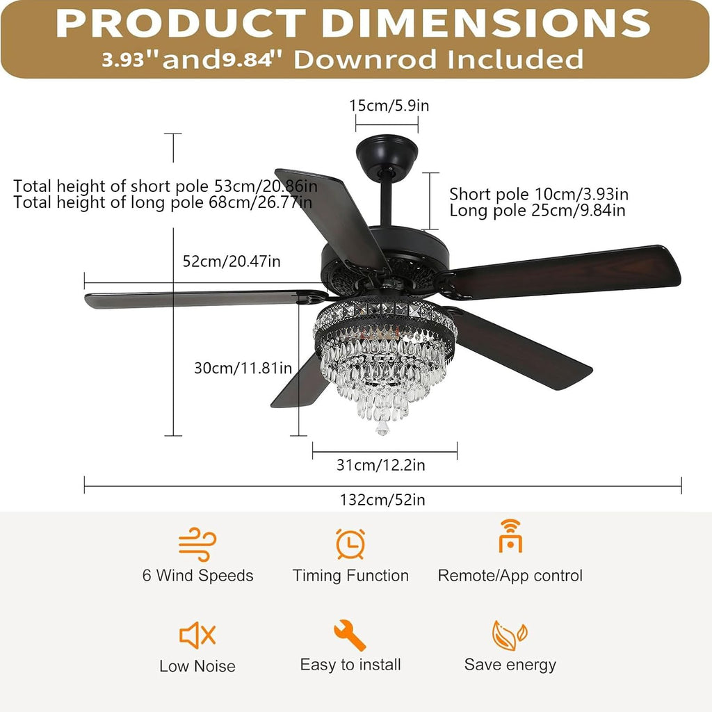 Crystal Ceiling Fan, Antique Ceiling Fan Crystals 52 Inch Vintage Ceiling Fan With Light and Remote, K9 Crystal Fandelier Ceiling Fan With Lights,52' Reversible Ceiling Fan 6-Speed 1/2/4 H Timer