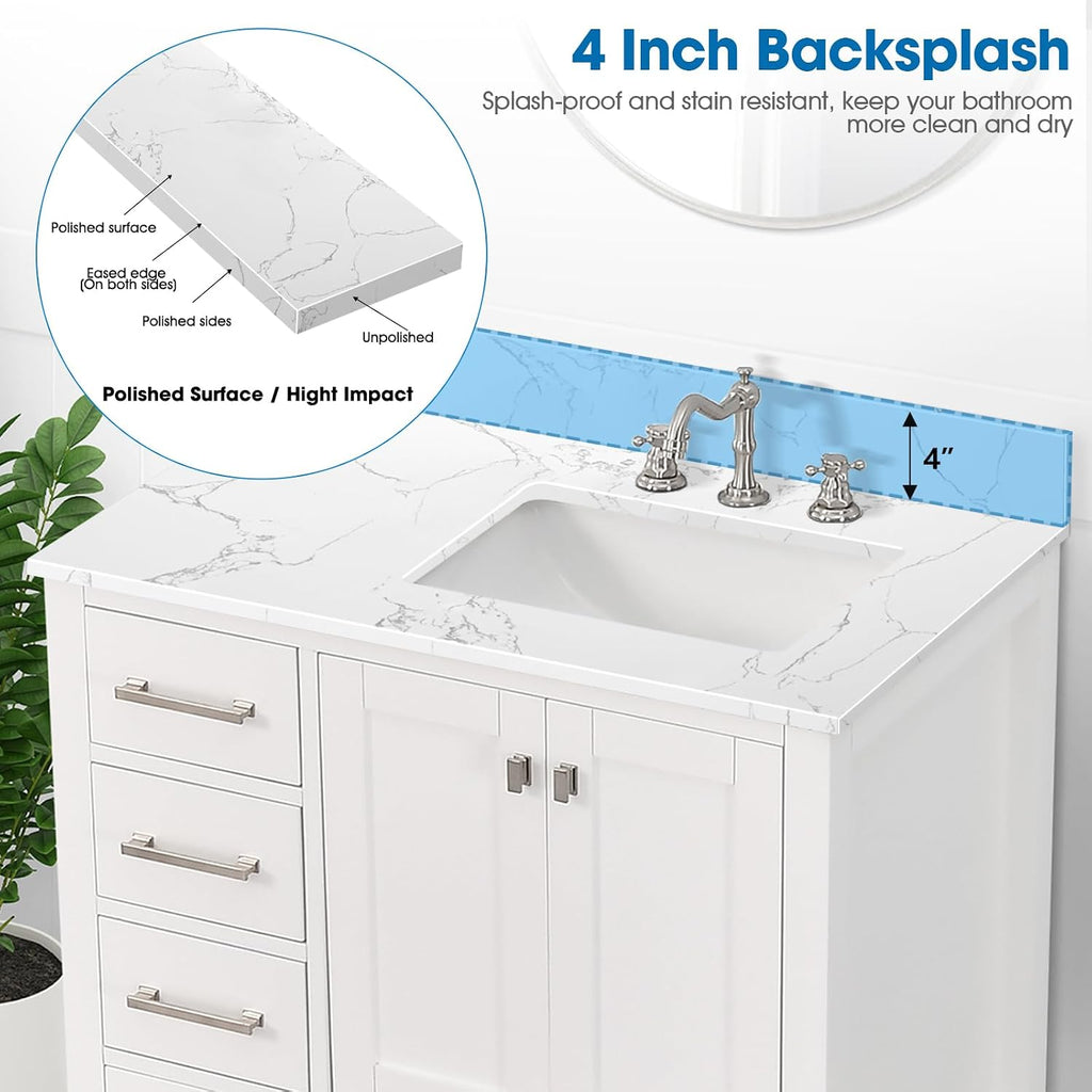 36 Inch Engineered Stone Bathroom Vanity Sink Top, with Undermount Rectangular Right Side Sink, Vanity Countertop with 8 inch Faucet Hole Spacing and Backsplash in Lightning White