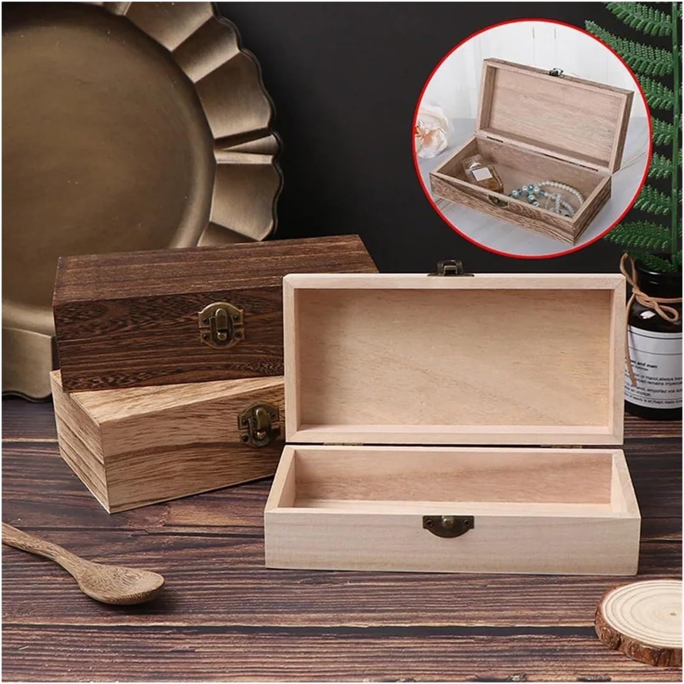1Pc Retro Wooden Jewelry Box Organizer with Lid Desktop Natural Wood Clamshell Storage Case Handmade Craft Box Originality