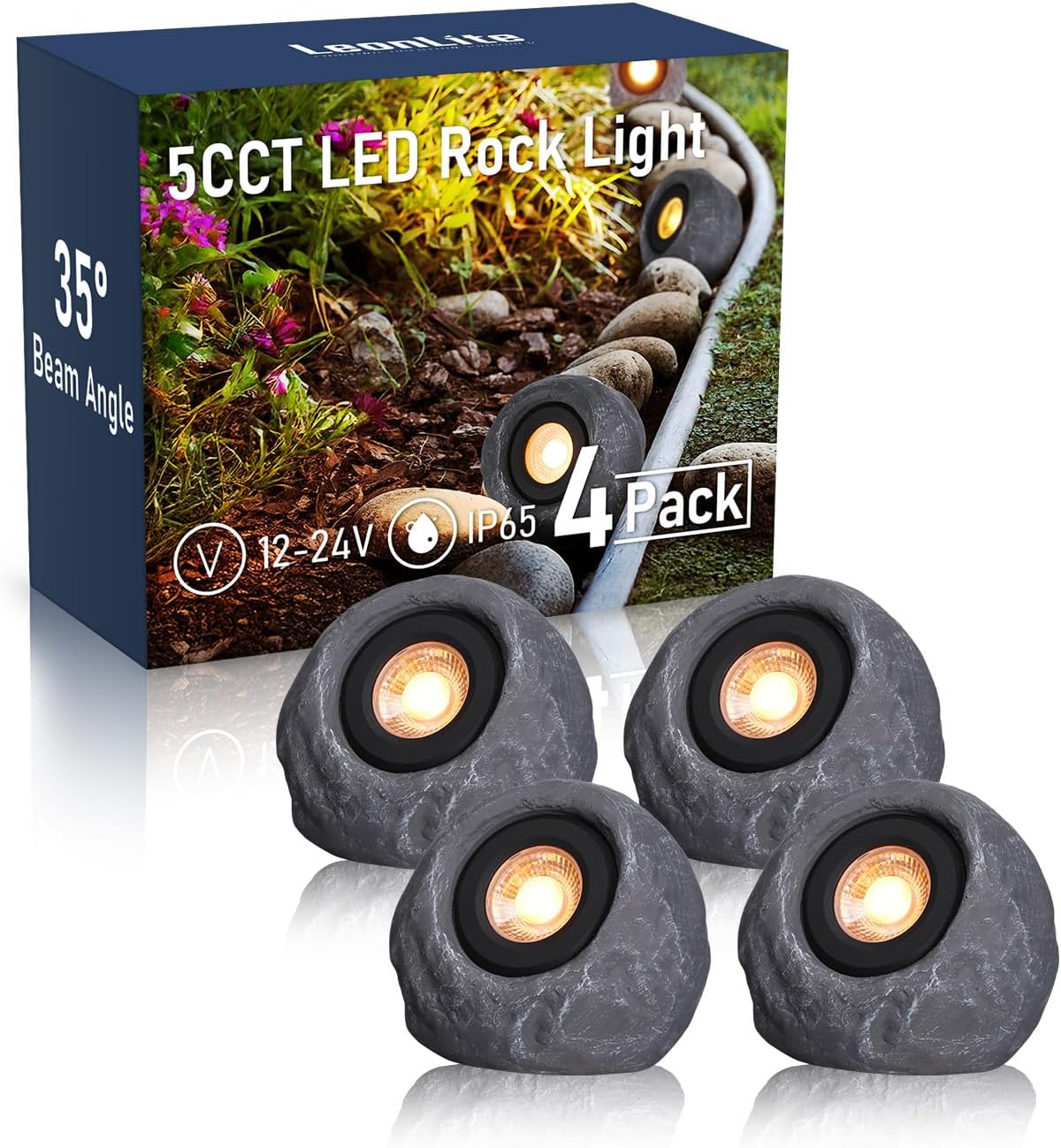 LEONLITE 5CCT LED Rock Lights Outdoor, 5W Low Voltage Landscape Spot Light for Garden, Yard, Decorative Stone Light, 12-24V AC/DC, CRI90, 200lm, IP65 Waterproof, Round, Dark Gray, Pack of 4