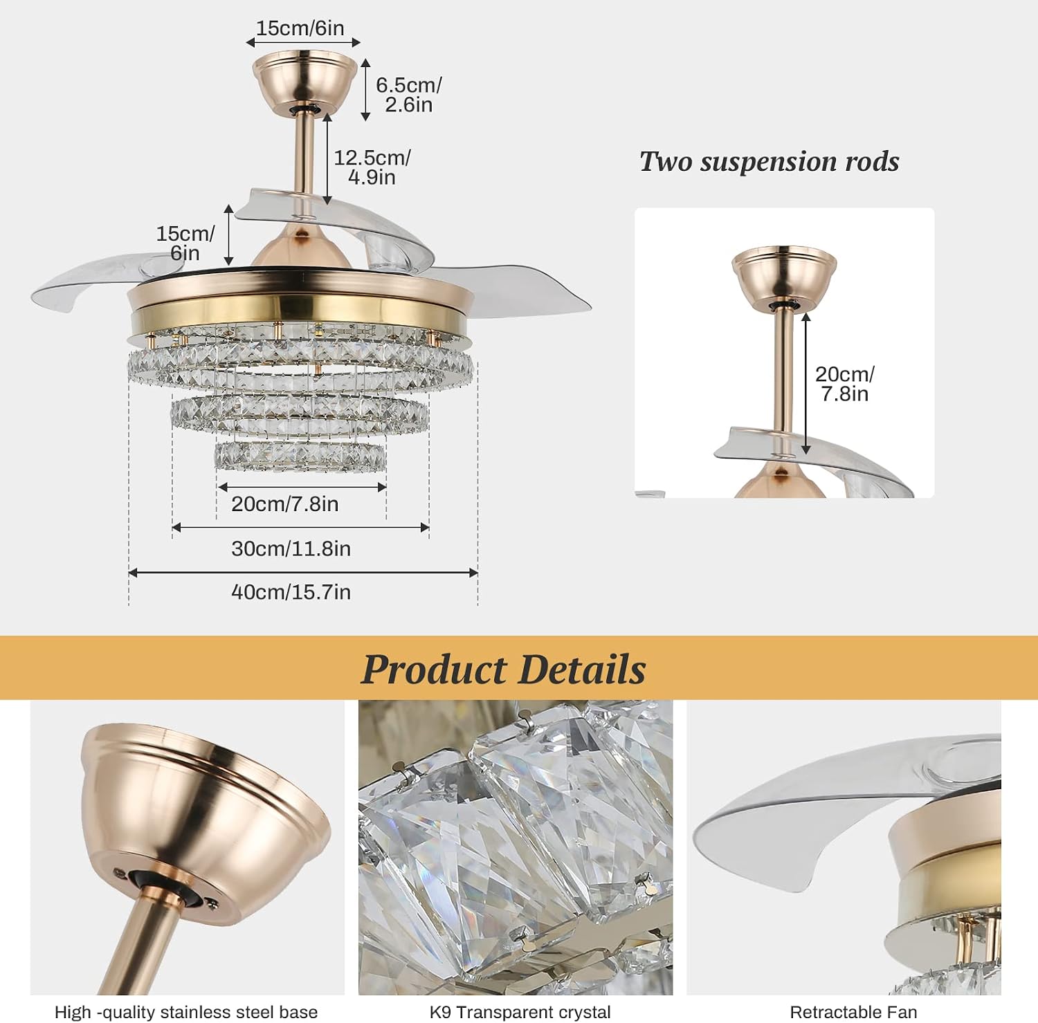 42' Dimmable Gold LED Fandeliers Crystal Chandelier Ceiling Fan with Lights Modern Invisible Fandelier Crystal Chandelier Fan 3 LED Color Change with Memory Function