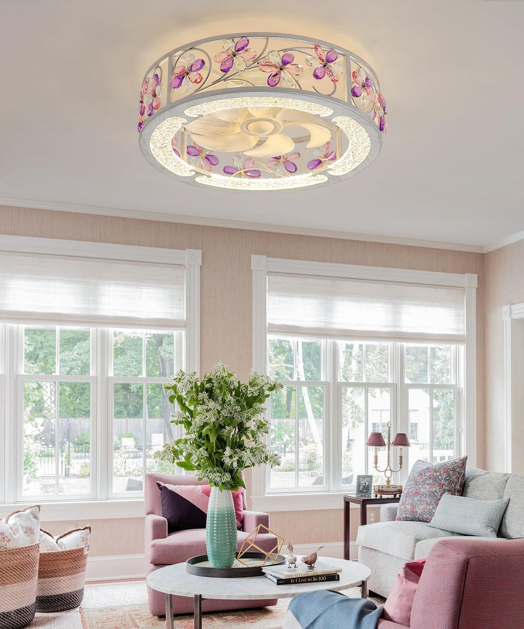 20 Inch Low Profile Caged Ceiling Fan with Light, Flower Chandelier Flush Mount Ceiling Lights Remote Control,Crystal Fandelier Bladeless 6 Speeds for Girl's Bedroom, Living Room,Hand Painted White