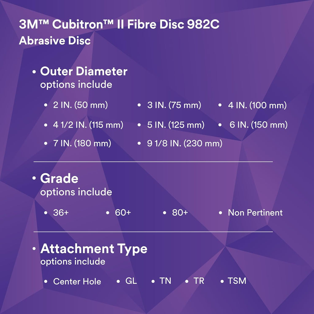 Cubitron II Fibre Disc 982C, Pack of 100, 5 in x 7/8 in, Center Hole, 36+ Grit Precision-Shaped Grain Abrasive Discs, for Heavy Grinding, Deburring, Beveling, Finishing, and Weld Removal