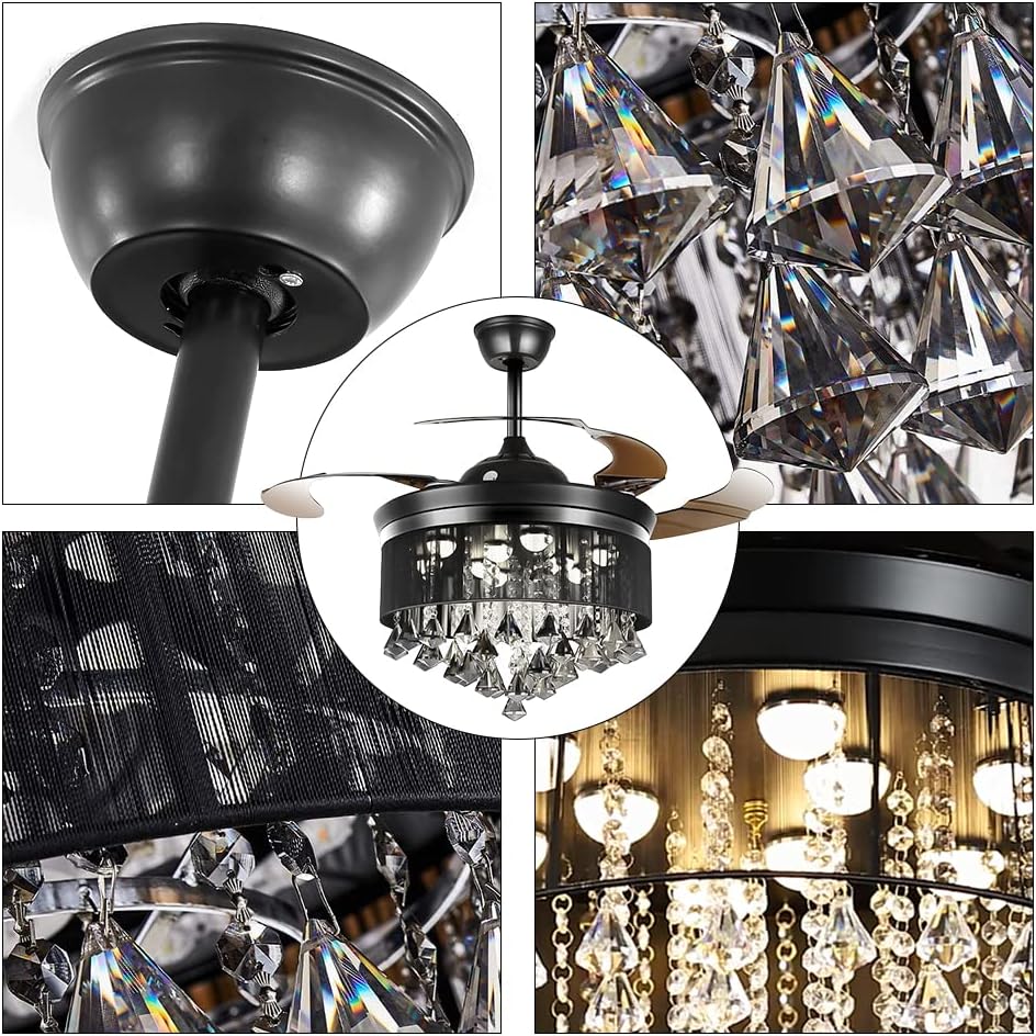 42' Black Luxury Crystal Ceiling Fan with Light 3 Color 3 Speed Modern Chandelier Fan with Remote Control Retractable Blades Fandelier for Living Room Bedroom