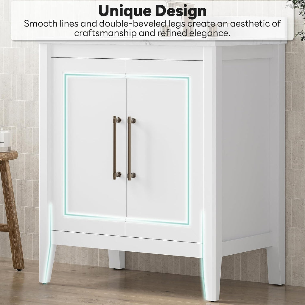 LIKIMIO 30' Bathroom Vanity with Sink, Freestanding Bathroom Vanity with 2 Soft-Close Doors, Engineered Stone Countertop with Undermount Ceramic Sink, Modern Bathroom Vanity, Easy Assembly, White