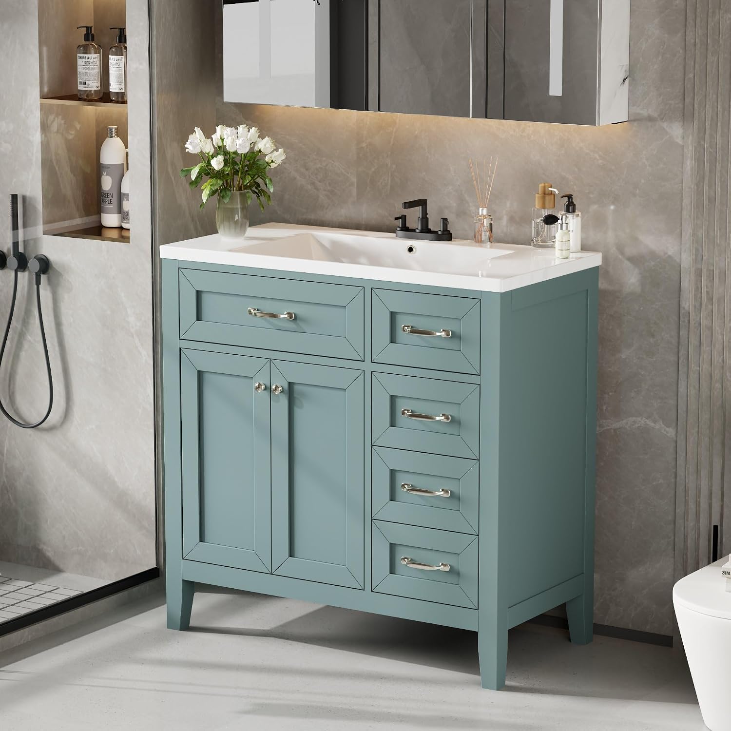 36' Bathroom Vanities Cabinet with Ceramic Sink Top, Two Doors and Three Drawers, Soft-Closing Door, Solid Wood Legs, Green