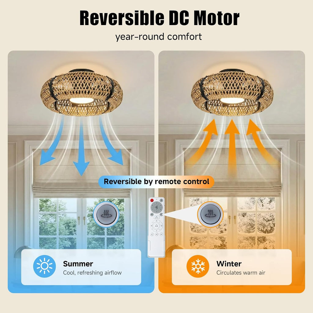 ocioc 20' Fandelier Ceiling Fans with Lights and Remote,Caged Ceiling Fan with Light,Flush Mount Low Profile,Bladeless,Quiet Reversible DC Motor,Boho Rattan Ceiling Fan for Bedroom,Living Room