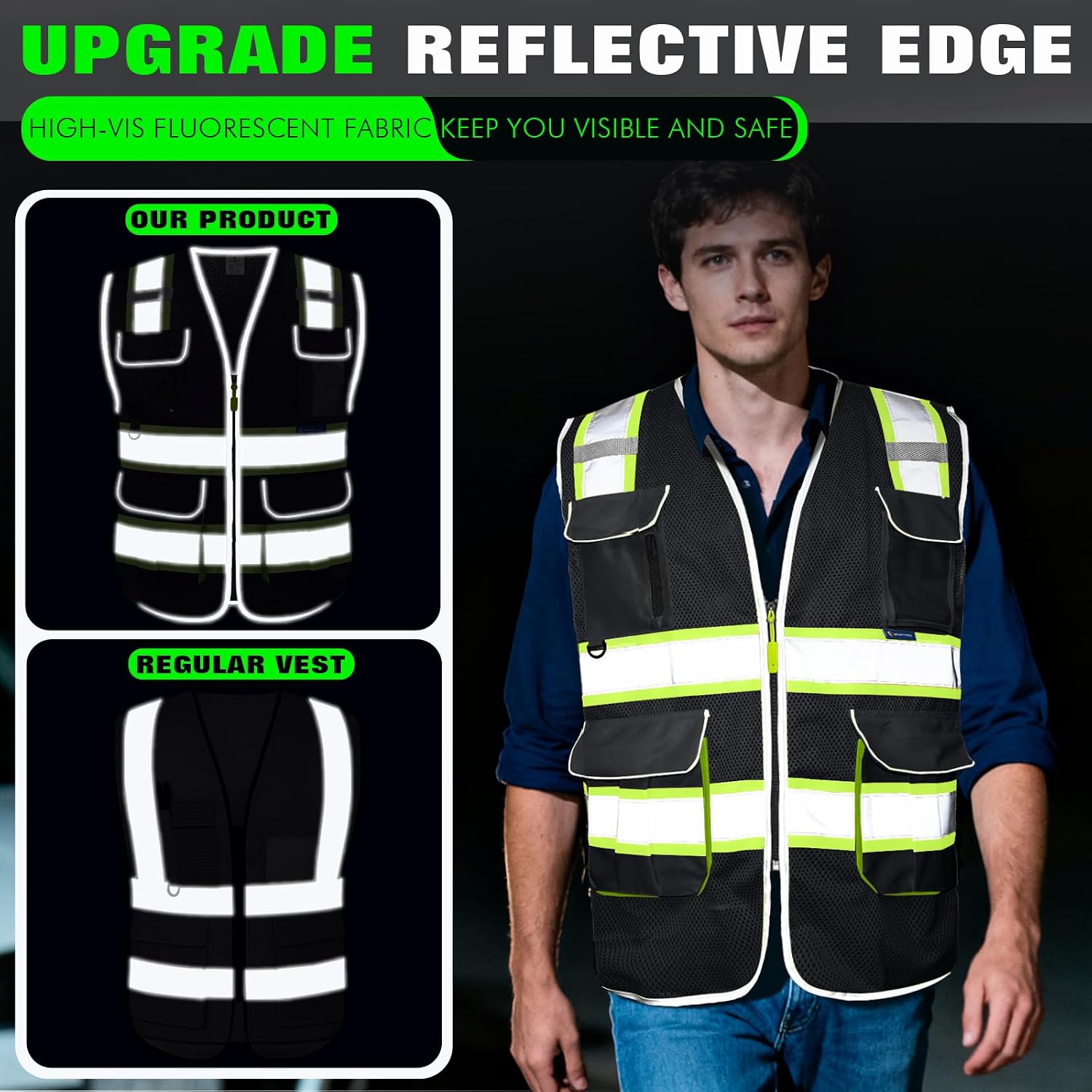 BeautyWill 5 Pack Safety Vest Class2 ANSI Certified Custom Logo High Visibility Reflective Vest for Men -10 Pockets Personalized Logo Heavy-Duty Work Vest（Mesh Black，L）
