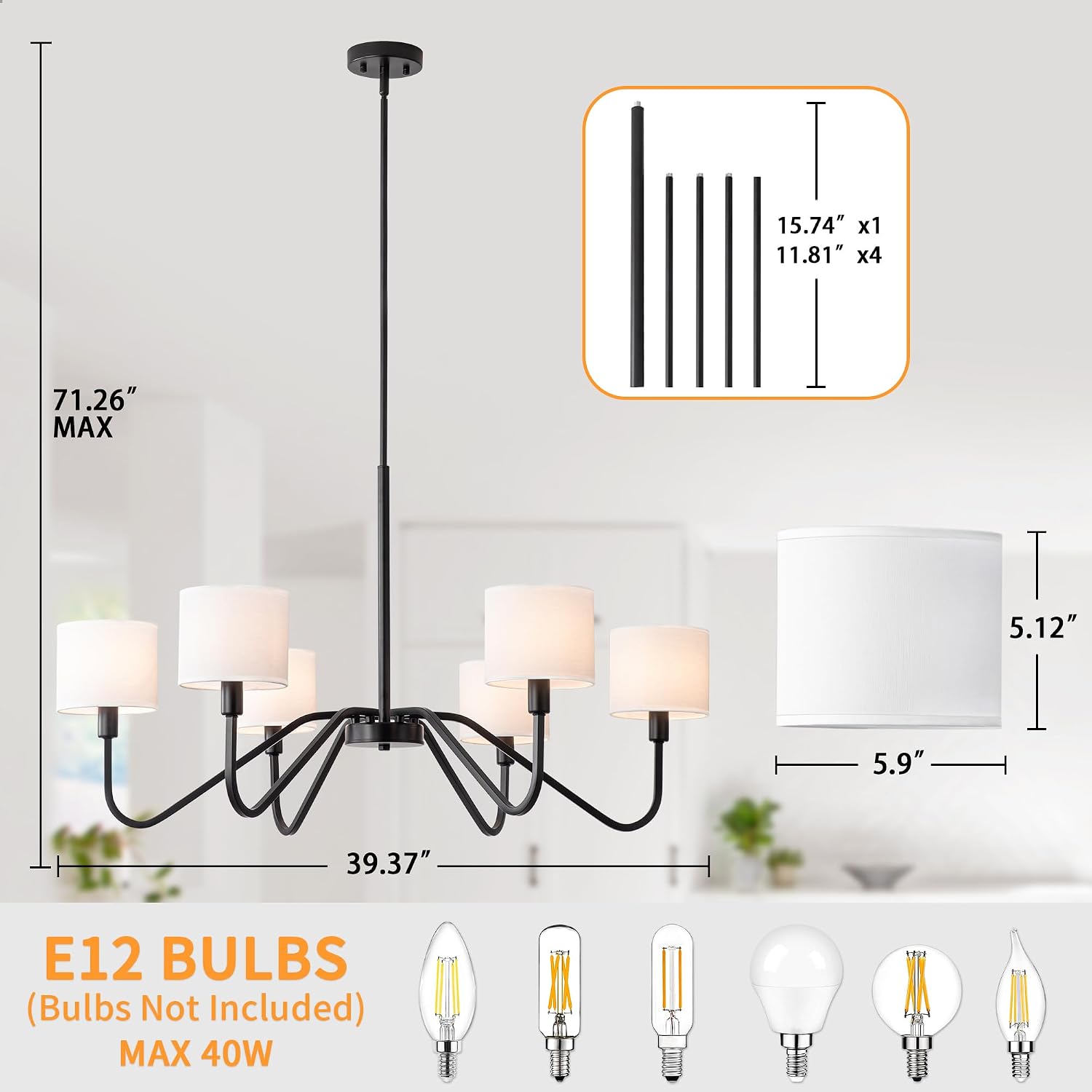 Modern Black 6-Light Chandelier, 39' Pendant Light with White Fabric Shade Adjustable Classic Chandelier Light Fixtures for Kitchen Island Dining & Living Room Entryway