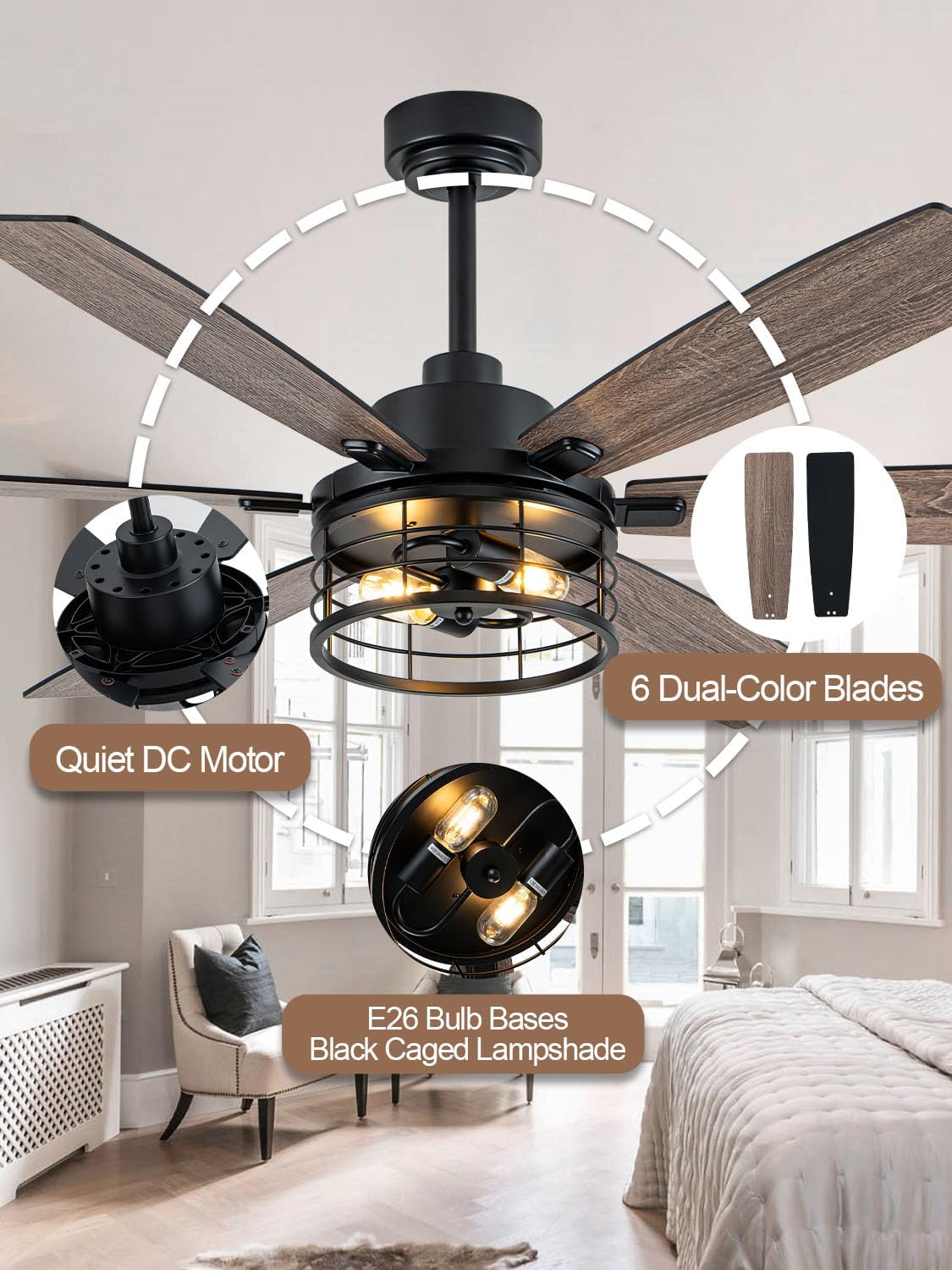 60 Inch Farmhouse Ceiling Fan with Lights and Remote Large Rustic Ceiling Fan Caged Fandelier Chandelier, 6 Dual Blades Reversible Quiet DC Motor 3CCT 6 Speed for Living Room Indoor Outdoor
