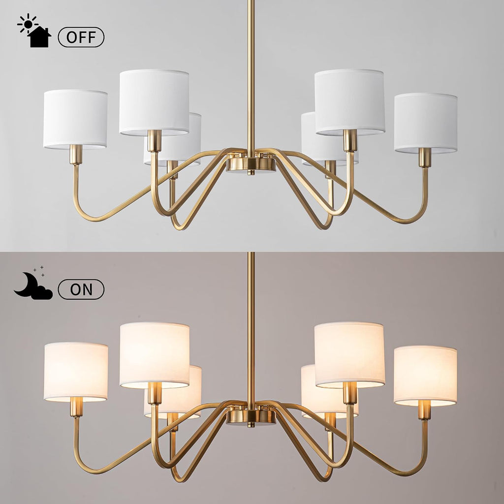 Modern Gold 6-Lights Chandelier, 39' Pendant Light with White Fabric Shade Adjustable Classic Chandelier Light Fixtures for Kitchen Island Dining & Living Room Entryway