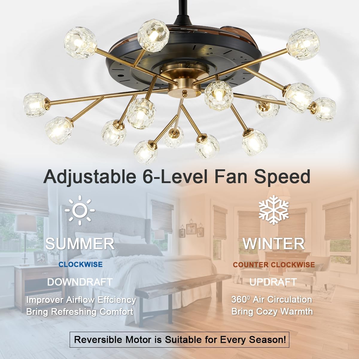 42' Modern Sputnik Fandelier Ceiling Fan with Light, 15-Light Brass Crystal Chandelier Fan with Remote Control Retractable 6 Speed Reversible Motor for Bedroom Living Dining Room