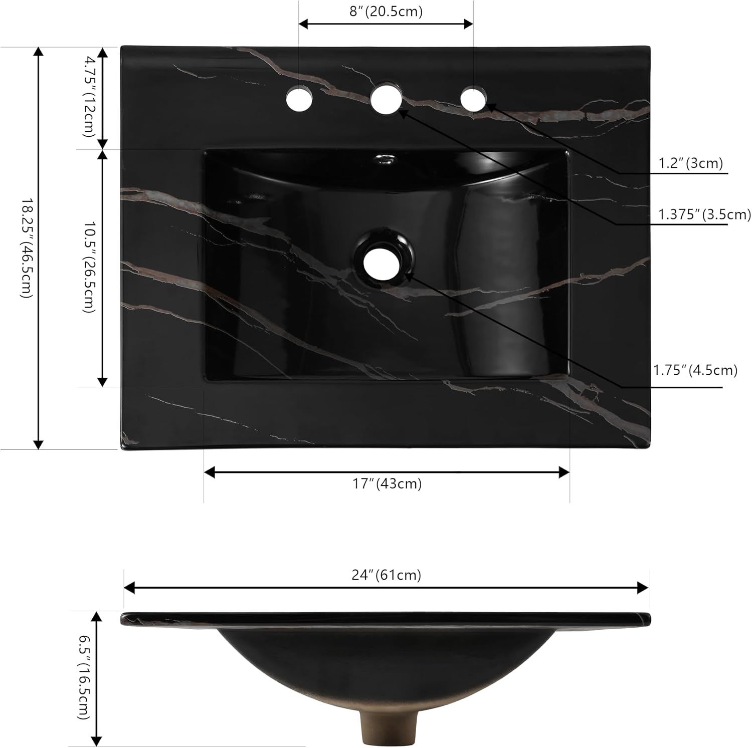 JONATHAN Y Ancillary 24 in. W x 18.25 in. D Ceramic Vanity Sink Top with 3-Hole Rectangular Single Sink Basin, Black Marble Effect SNK1001D