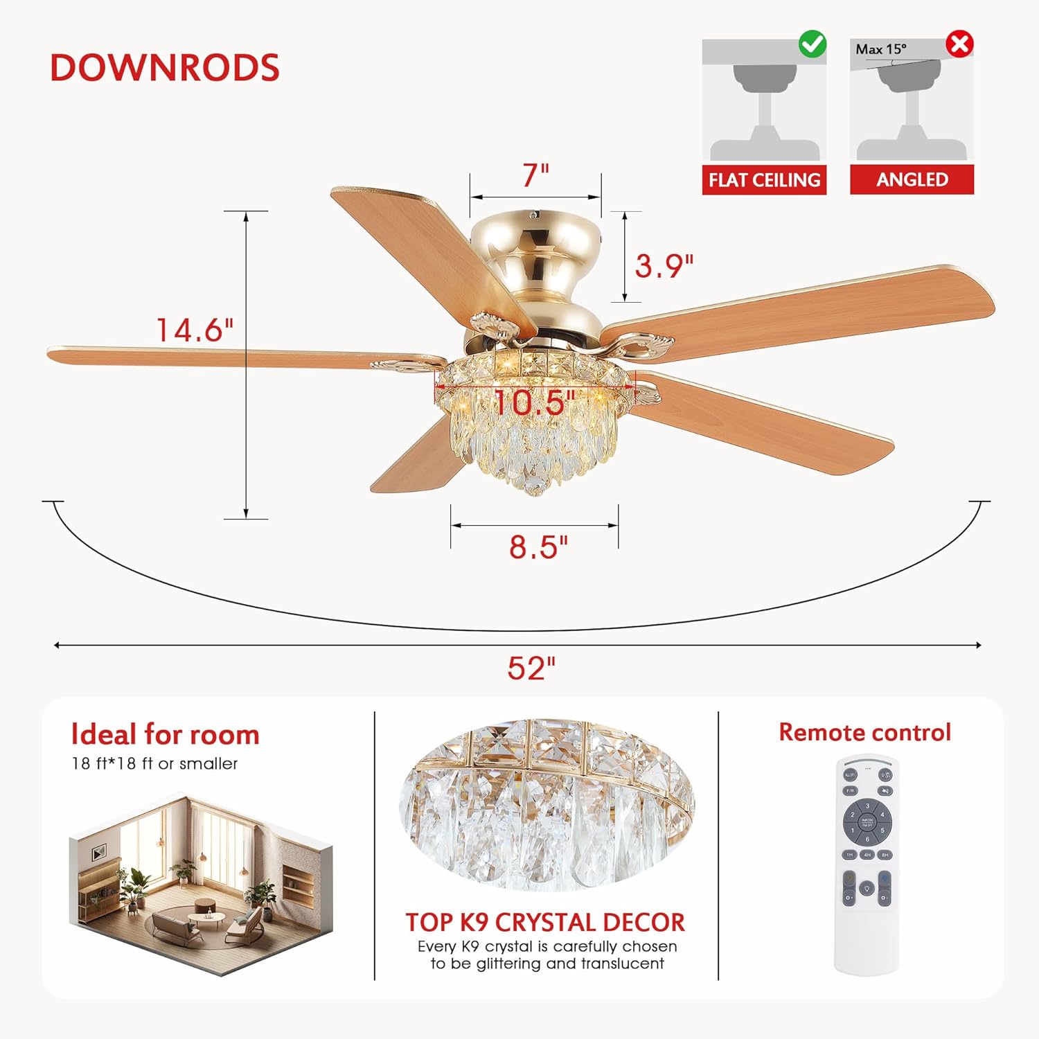 GJeg Crystal Ceiling Fan Fandelier with Lights-Ceiling Fans with Remote Control,Modern Ceiling Fan with Noiseless DC Reversible Motor,Dining Room,Living Room(52' Gold)