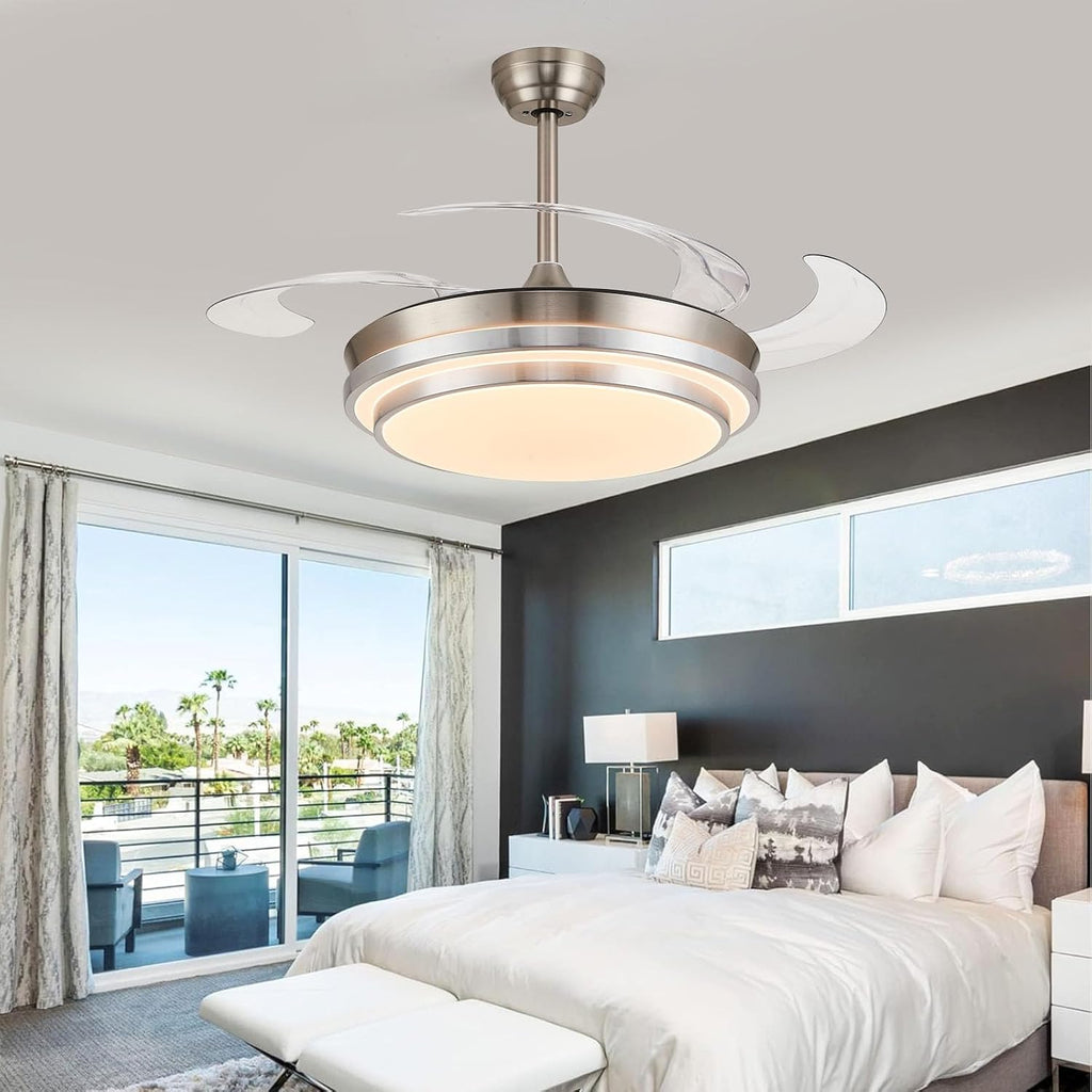 48 Inch Retractable Ceiling Fans with Lights, Modern Fandelier Ceiling Fan with Remote and App Control, 3 Color Dimmable, 6 Speeds Reversible, for Bedroom/Living Room/Office (Brushed Nickel)