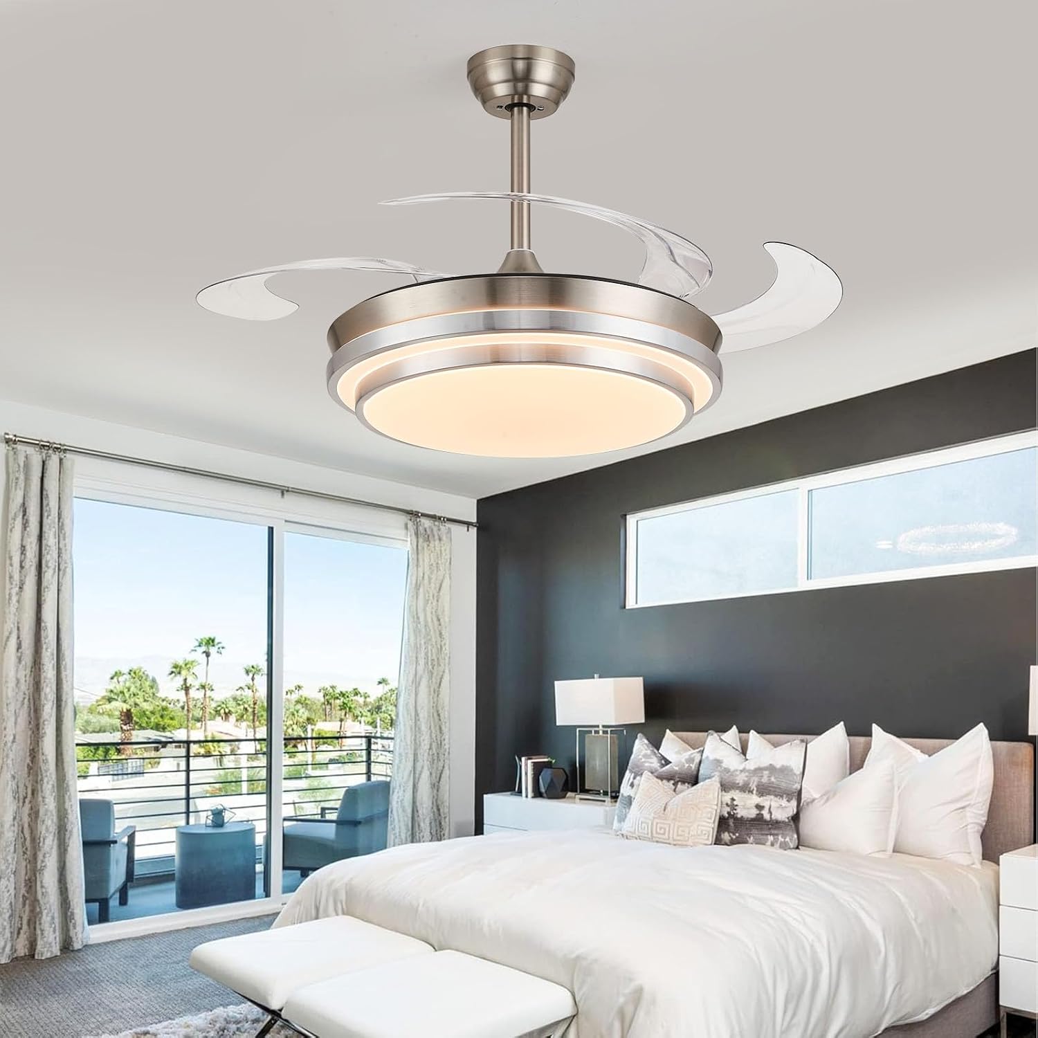 48 Inch Retractable Ceiling Fans with Lights, Modern Fandelier Ceiling Fan with Remote and App Control, 3 Color Dimmable, 6 Speeds Reversible, for Bedroom/Living Room/Office (Brushed Nickel)